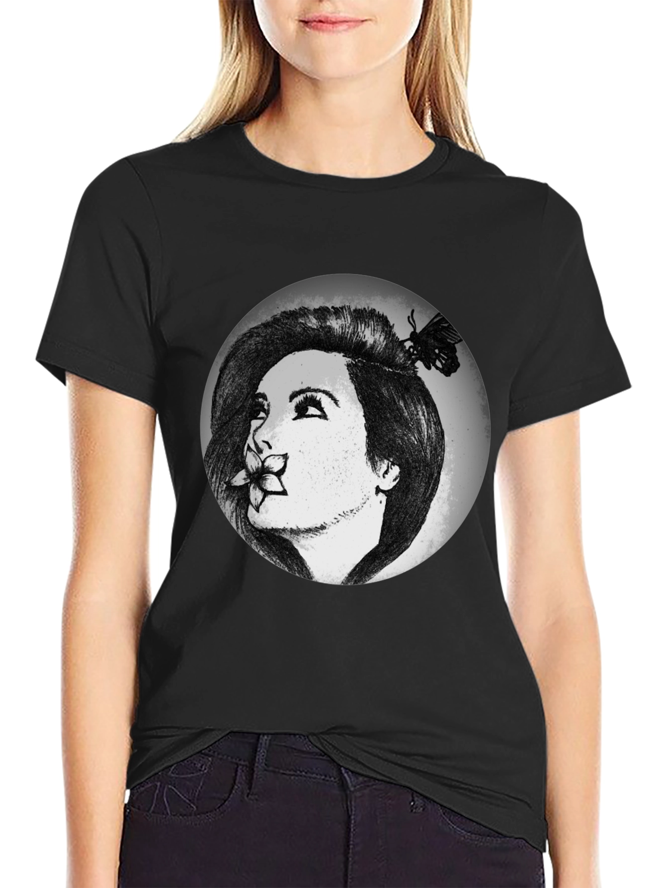 Woman with Flower Graphic T-Shirt