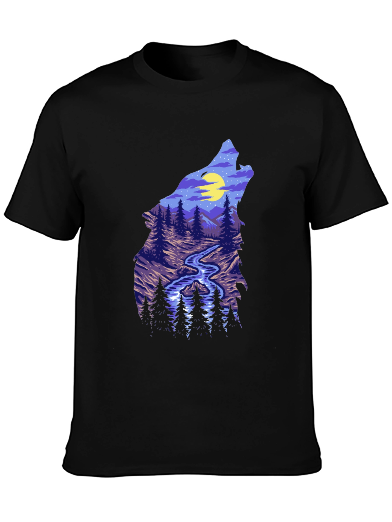Wolf Silhouette Mountain Stream Graphic Tee