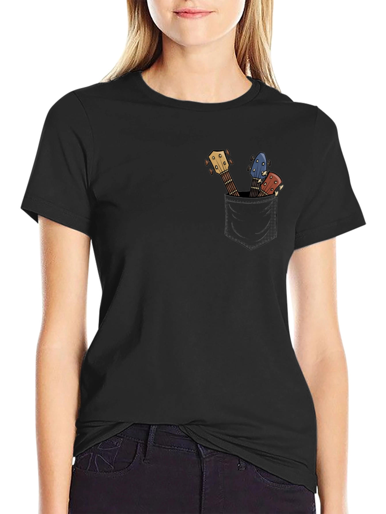 Guitar Pocket Print Mens Black T-Shirt