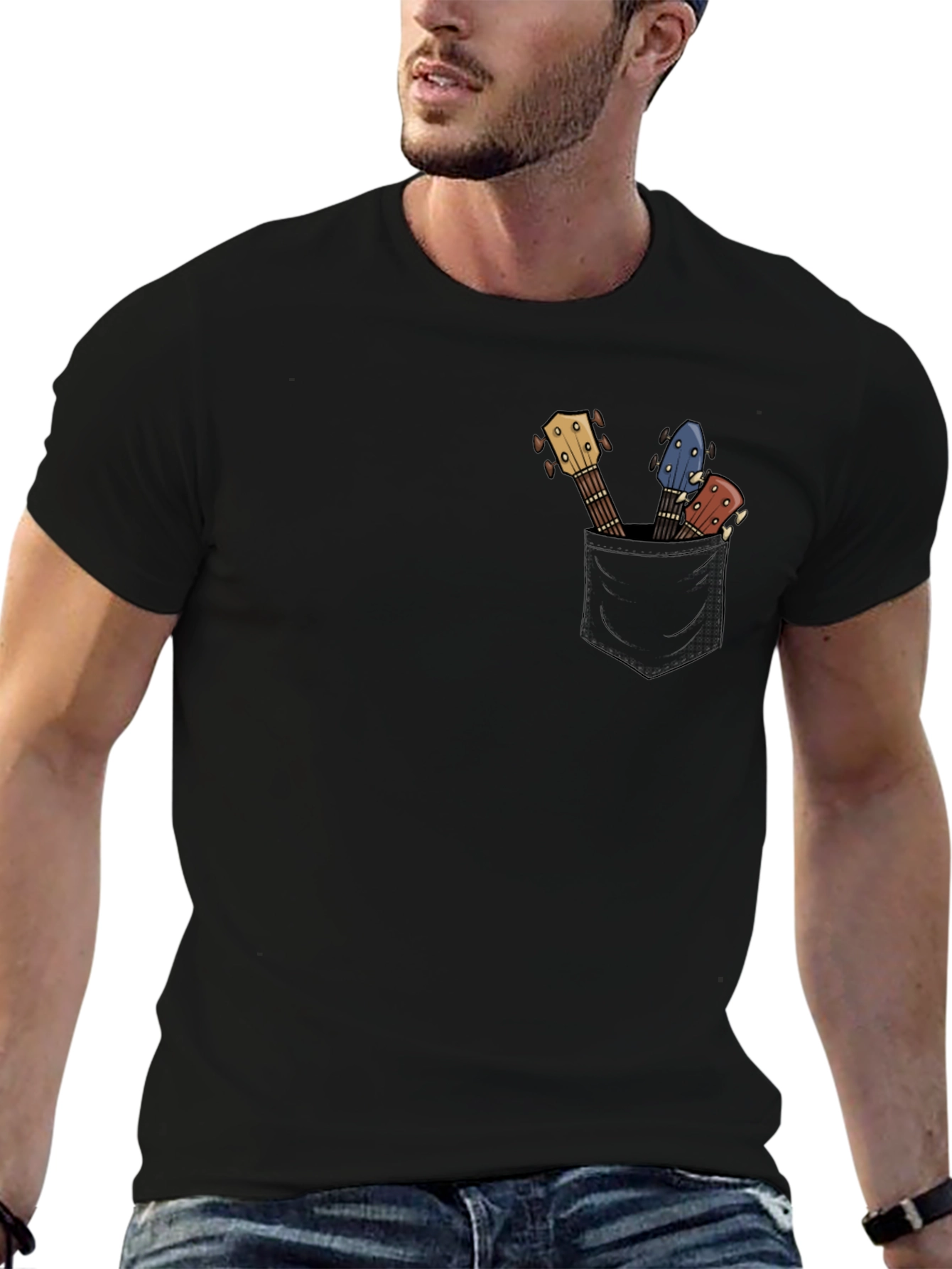 Guitar Pocket Print Mens Black T-Shirt