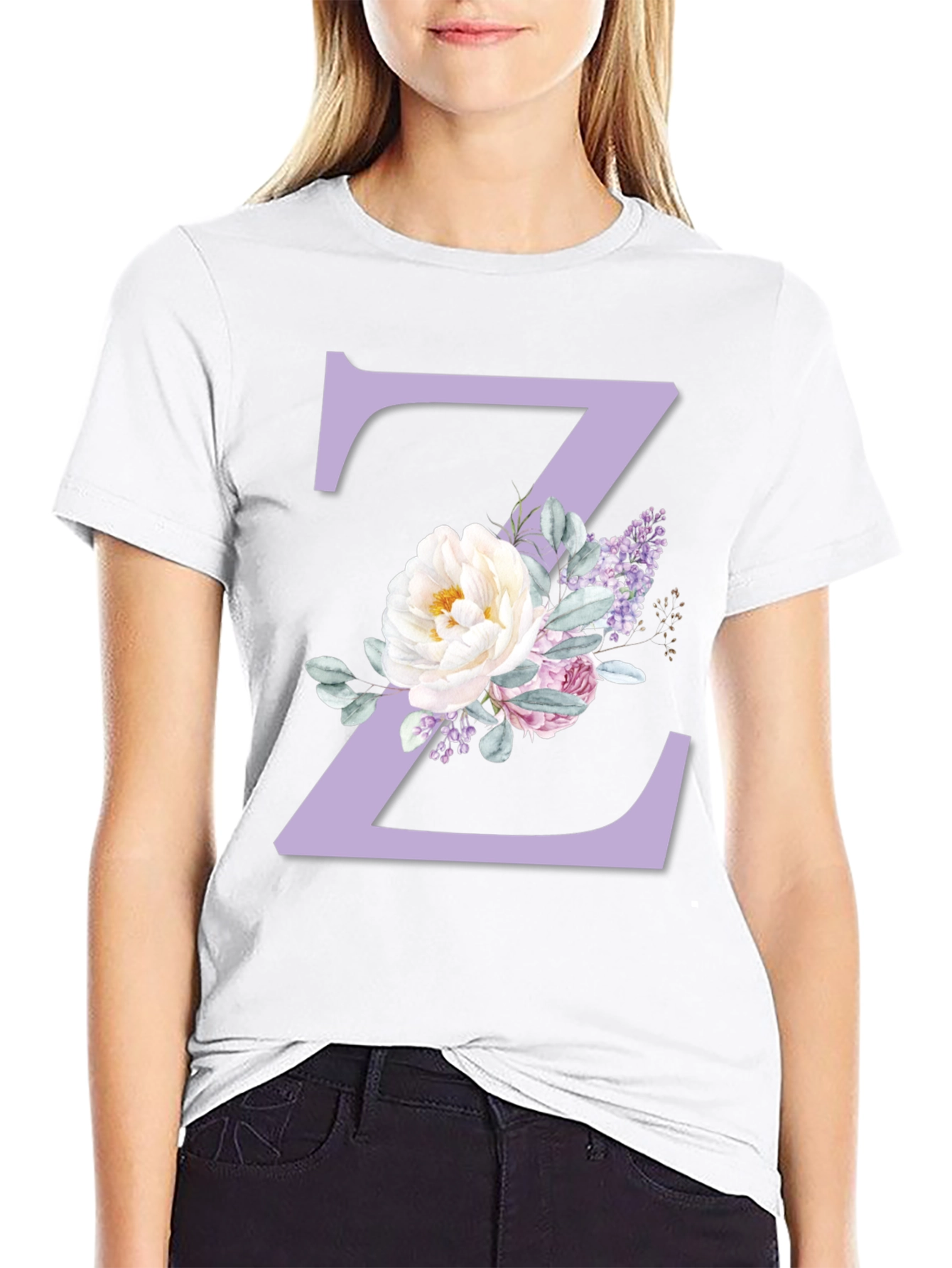 Floral Letter Z Initial Black T-Shirt