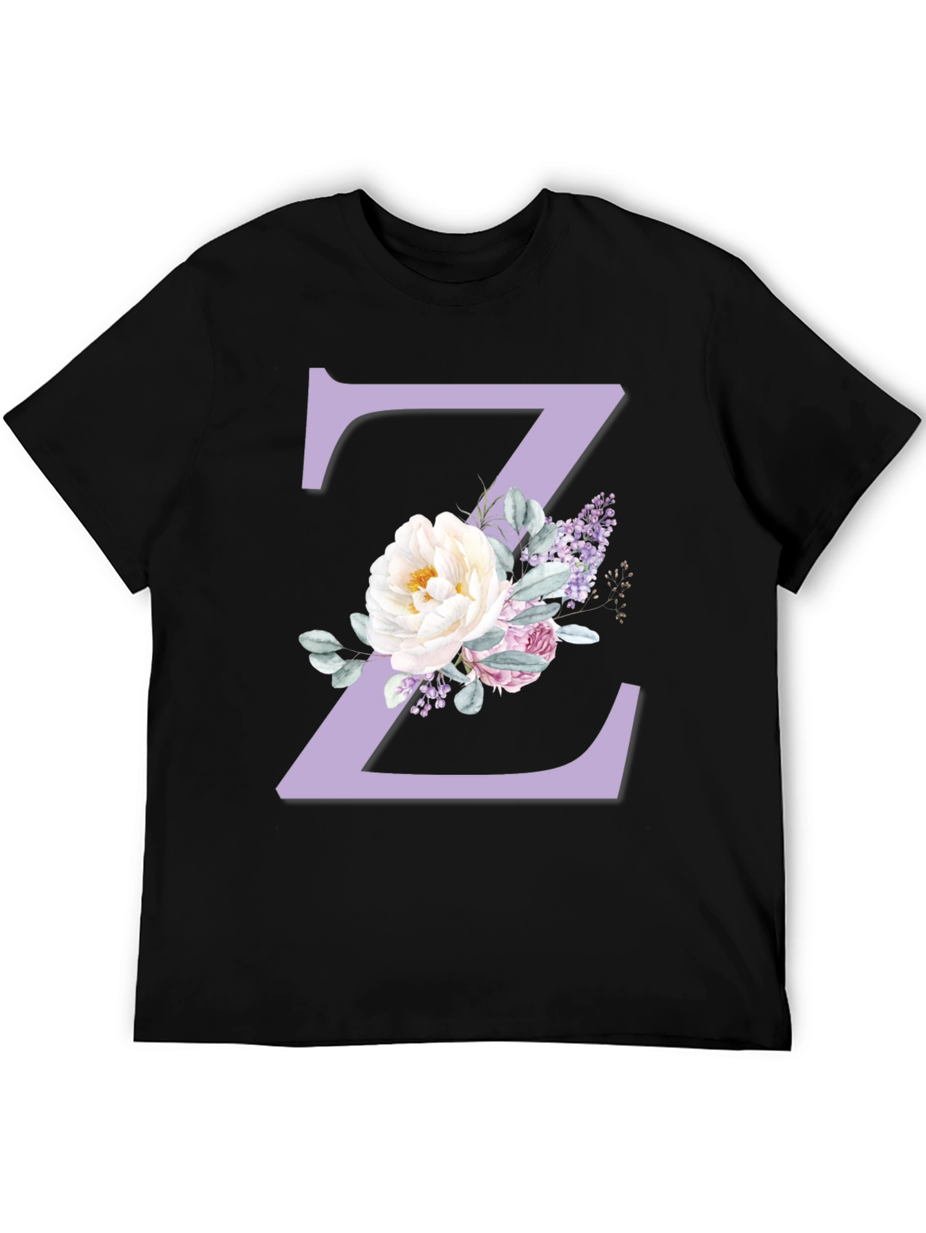 Floral Letter Z Initial Black T-Shirt