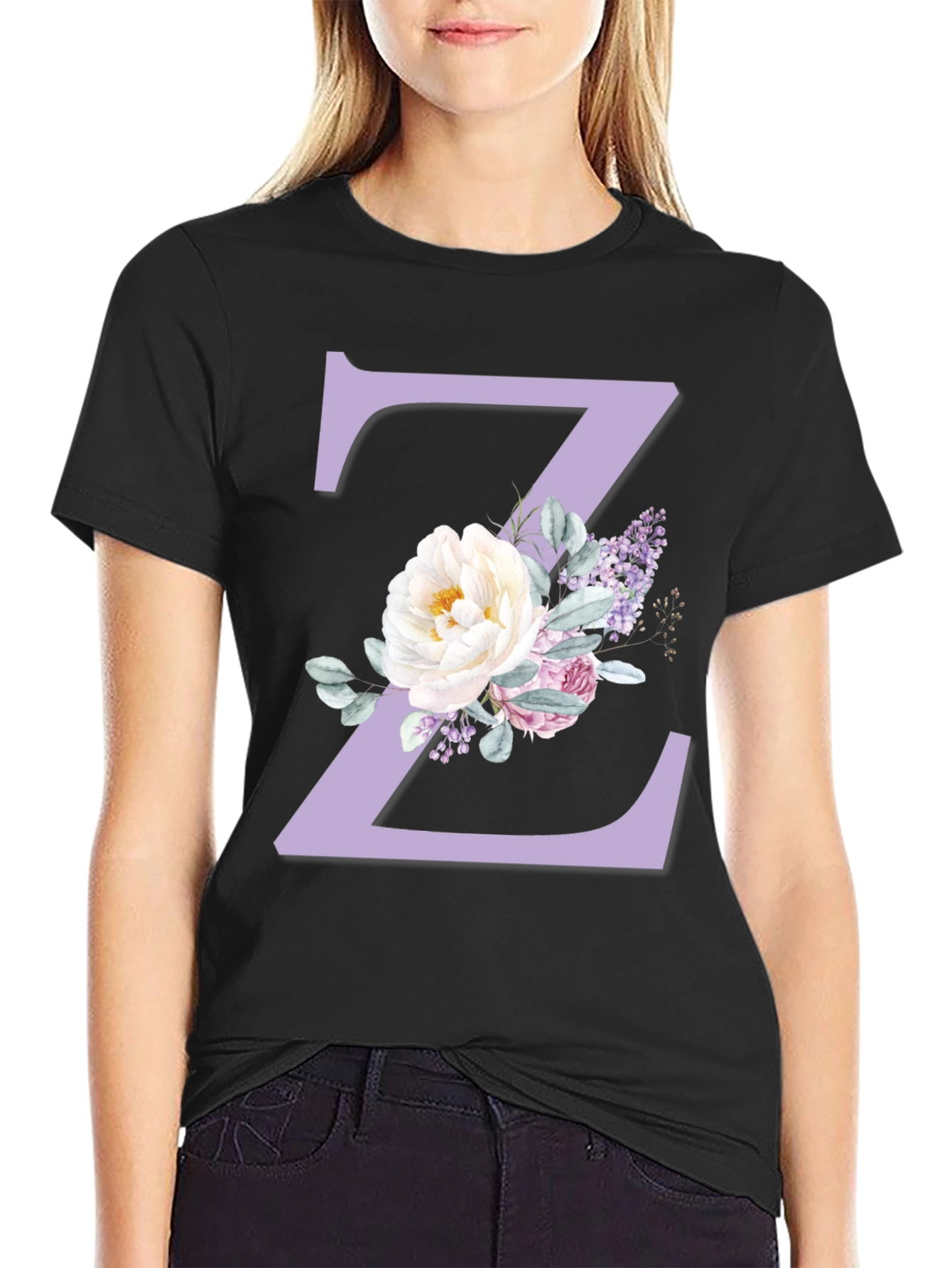 Floral Letter Z Initial Black T-Shirt
