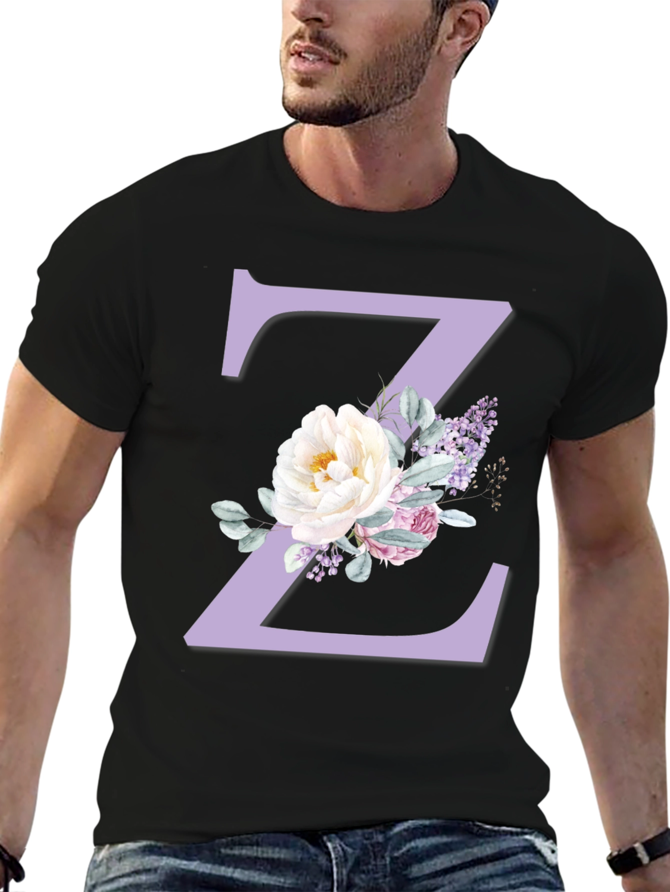 Floral Letter Z Initial Black T-Shirt
