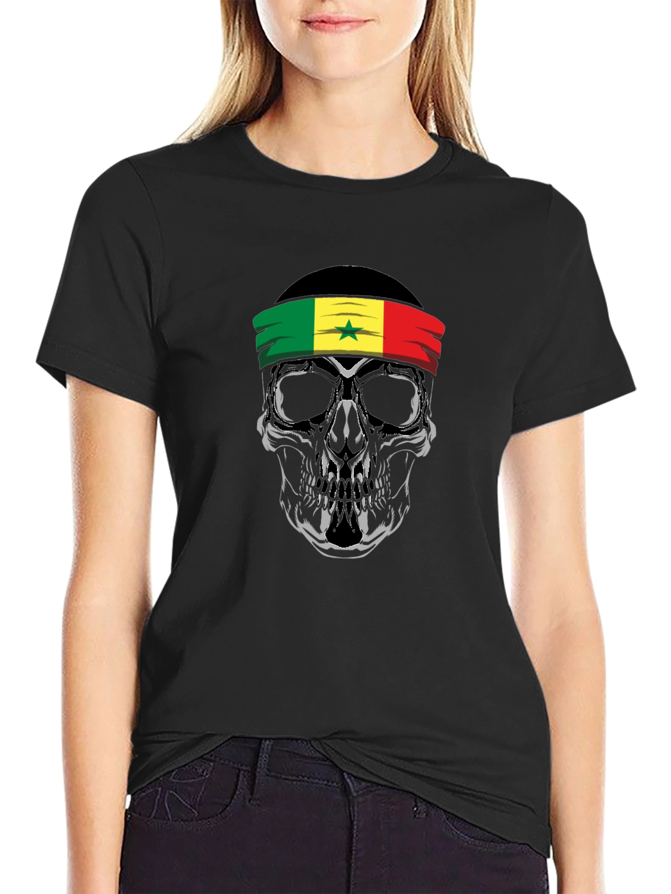 Senegal Flag Skull Graphic Tee - Black