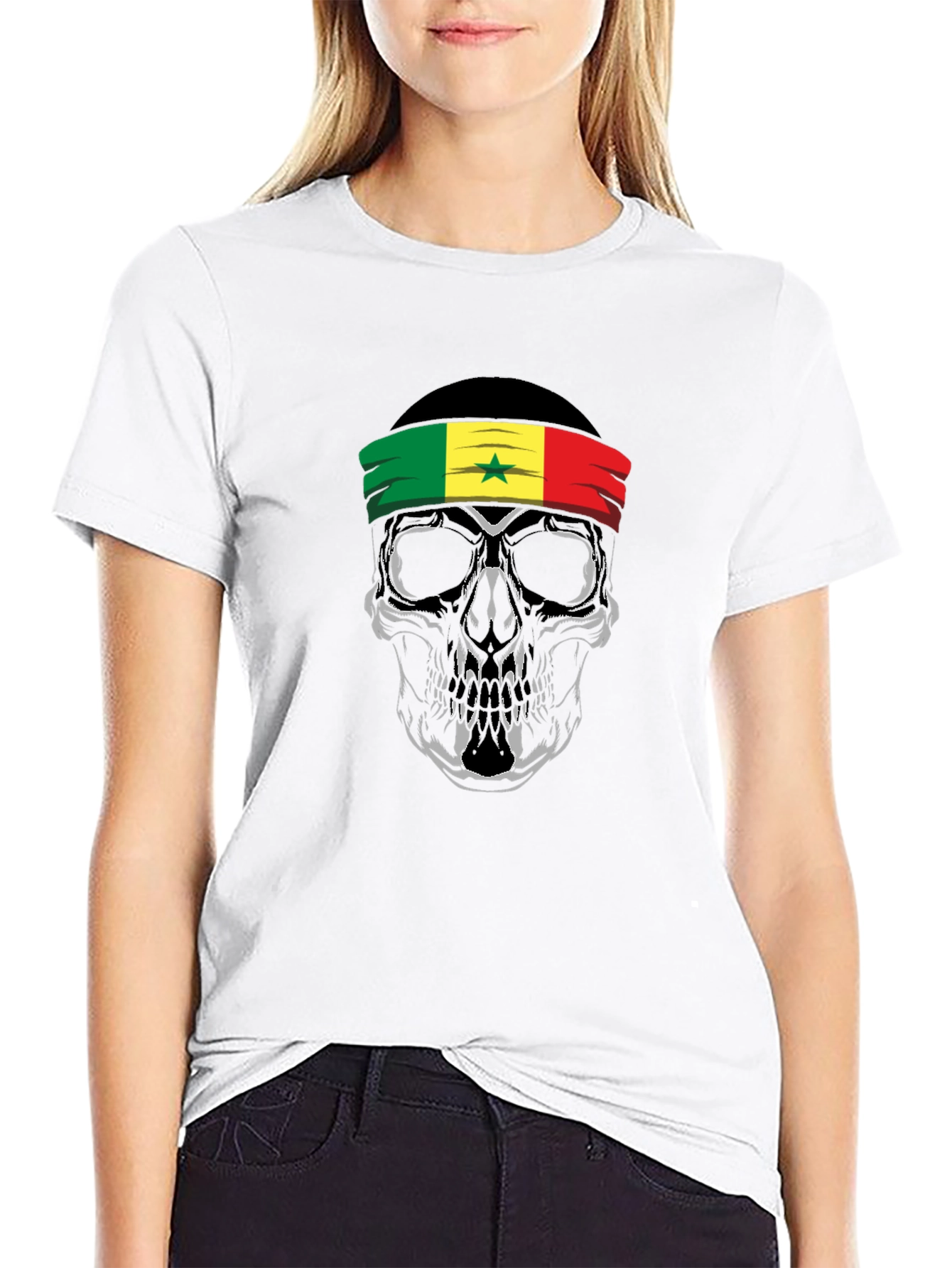 Senegal Flag Skull Graphic Tee - Black