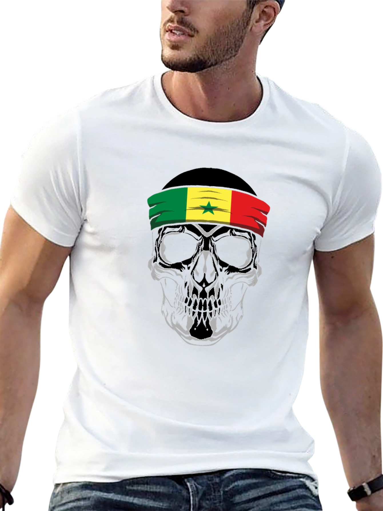 Senegal Flag Skull Graphic Tee - Black