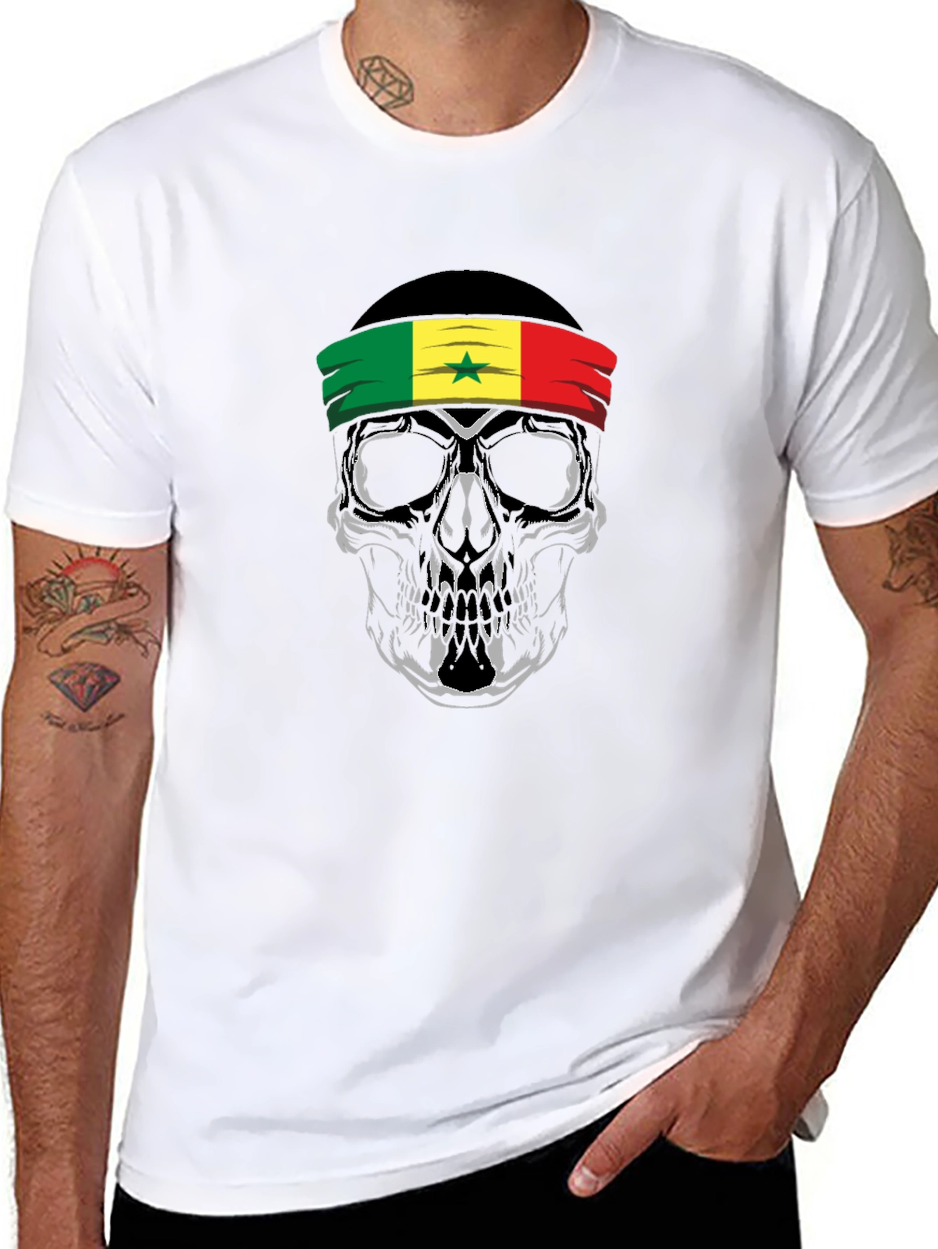 Senegal Flag Skull Graphic Tee - Black