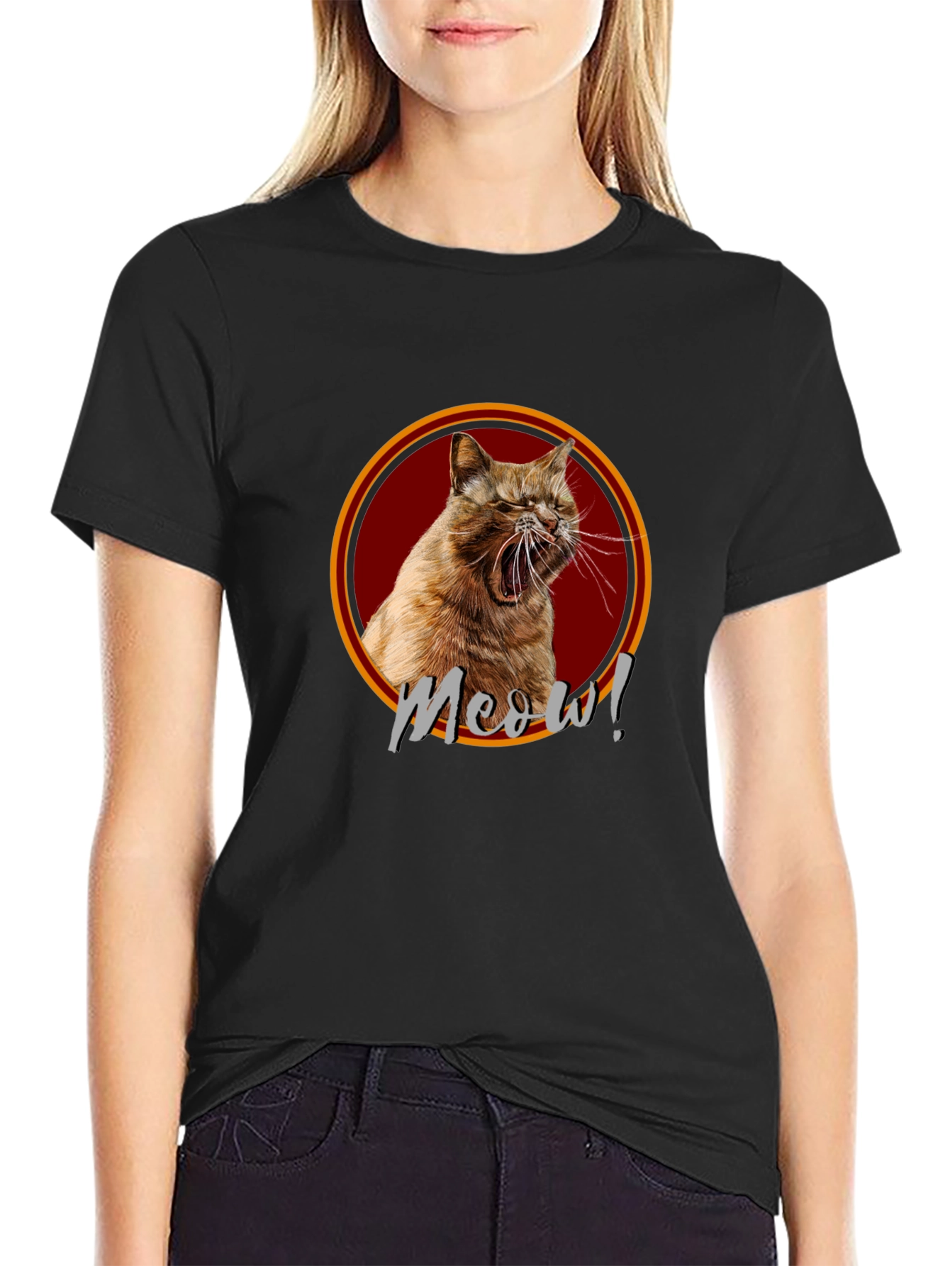 Meow! Cat Graphic Print Black T-Shirt