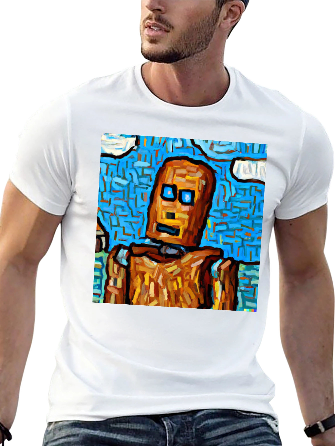 Abstract Robot Graphic Tee - Black Cotton T-Shirt