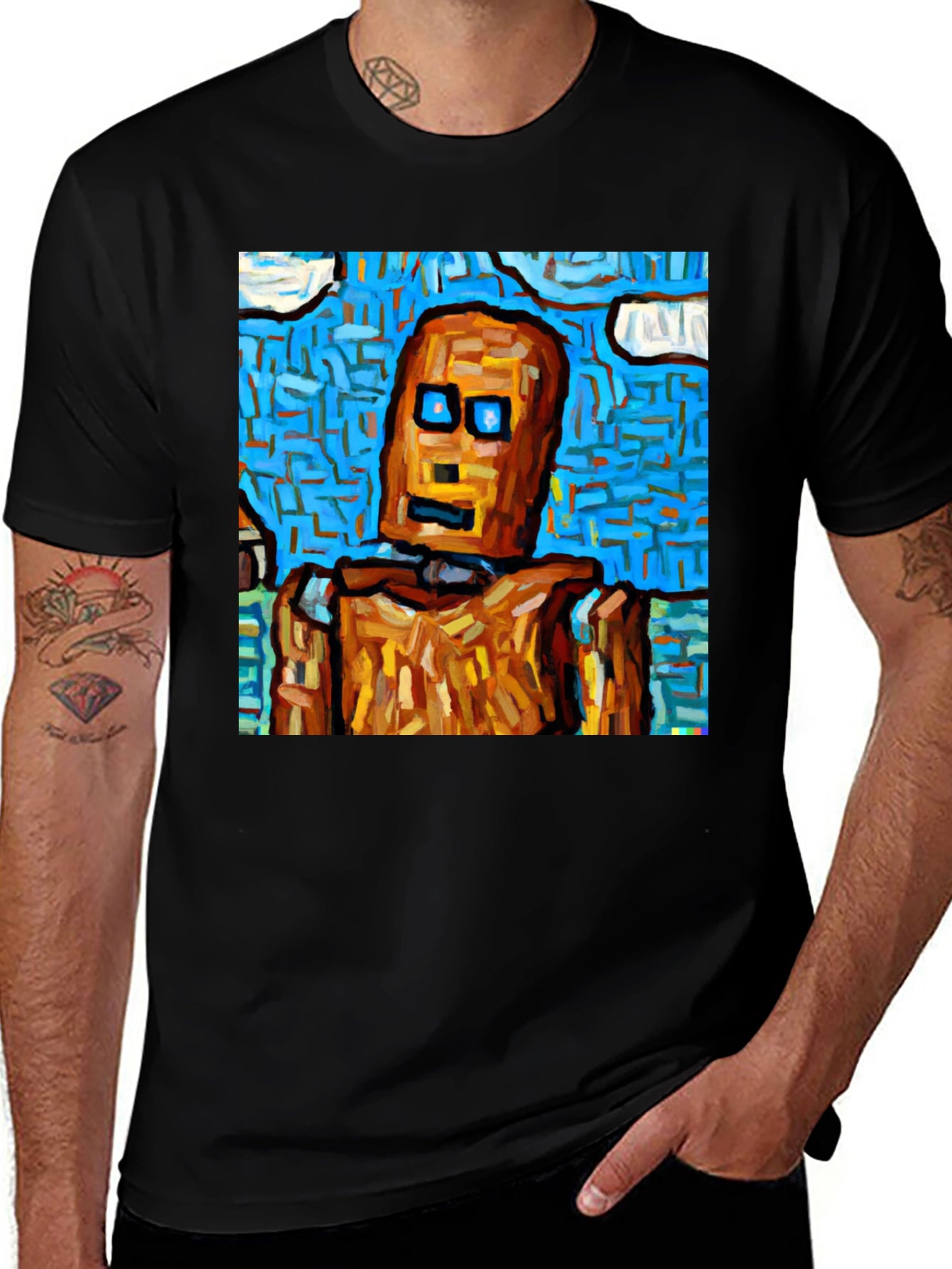 Abstract Robot Graphic Tee - Black Cotton T-Shirt