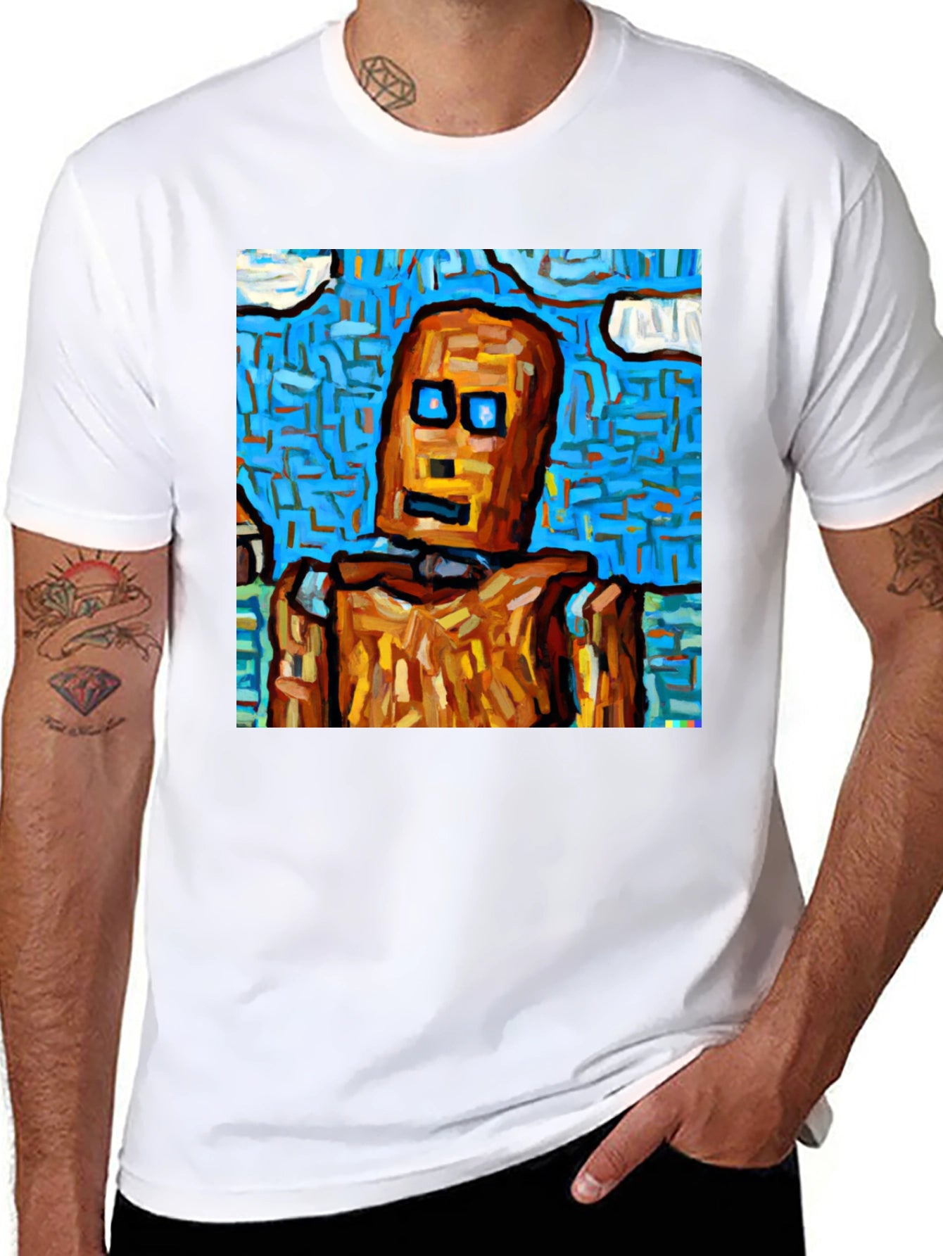 Abstract Robot Graphic Tee - Black Cotton T-Shirt