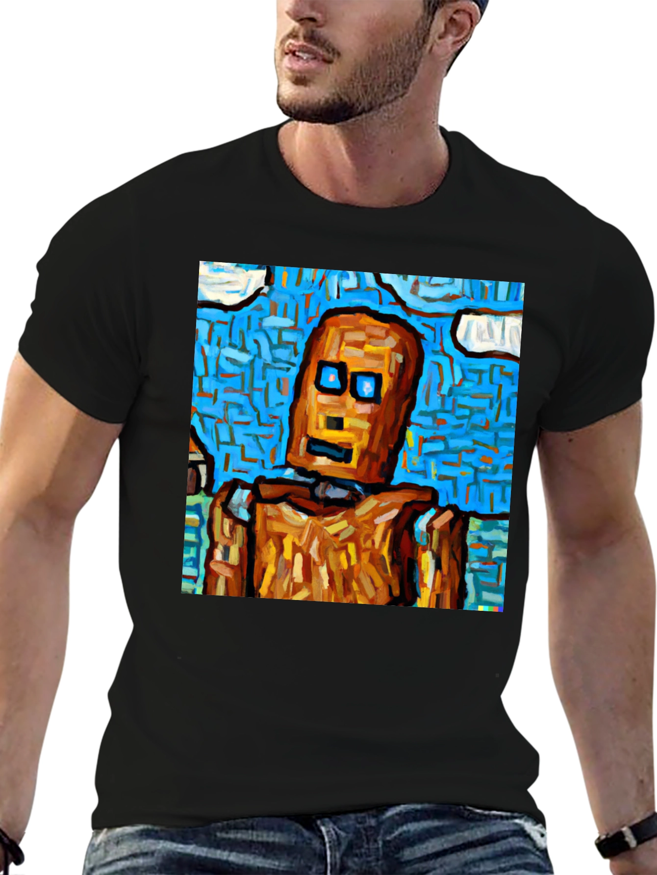 Abstract Robot Graphic Tee - Black Cotton T-Shirt
