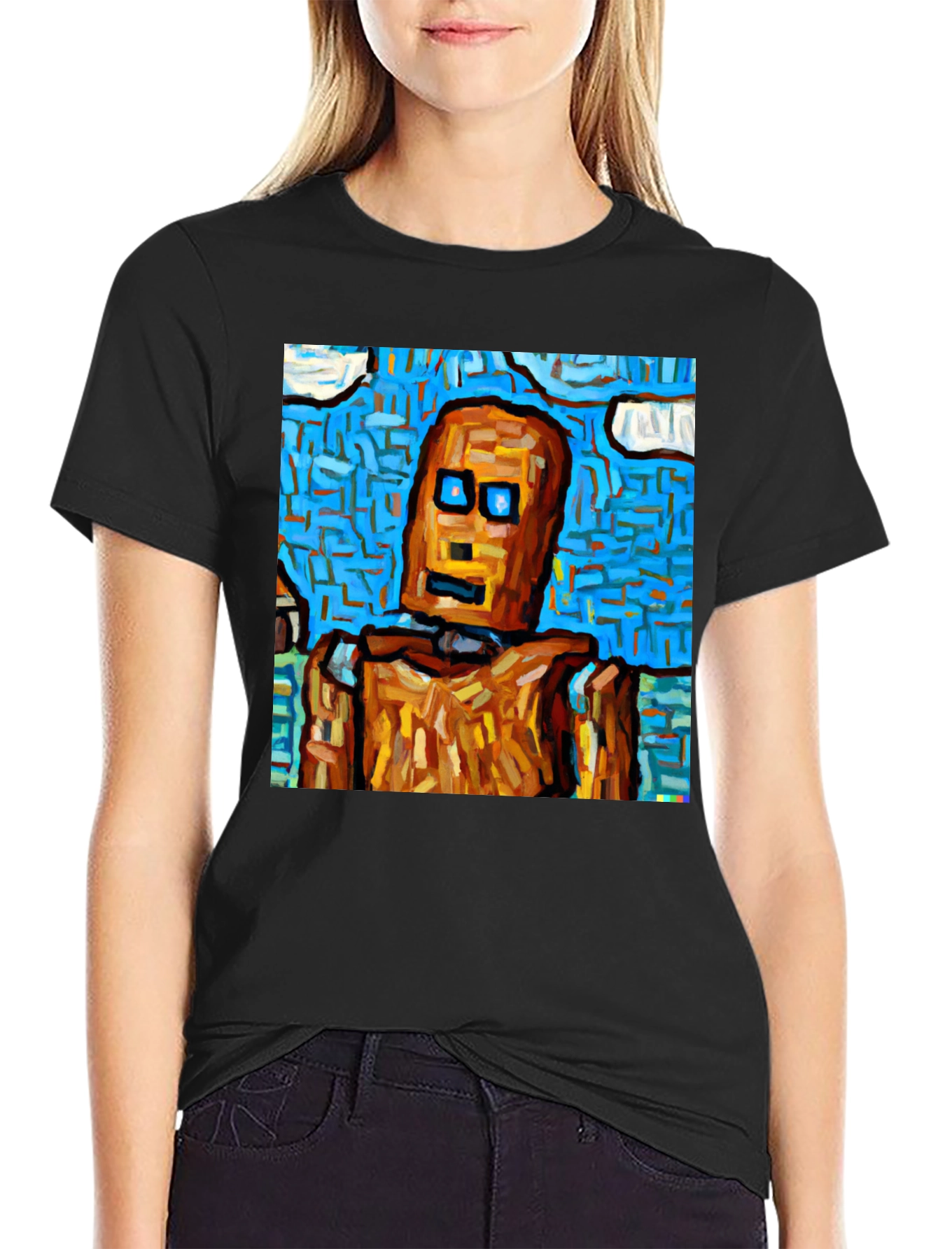 Abstract Robot Graphic Tee - Black Cotton T-Shirt