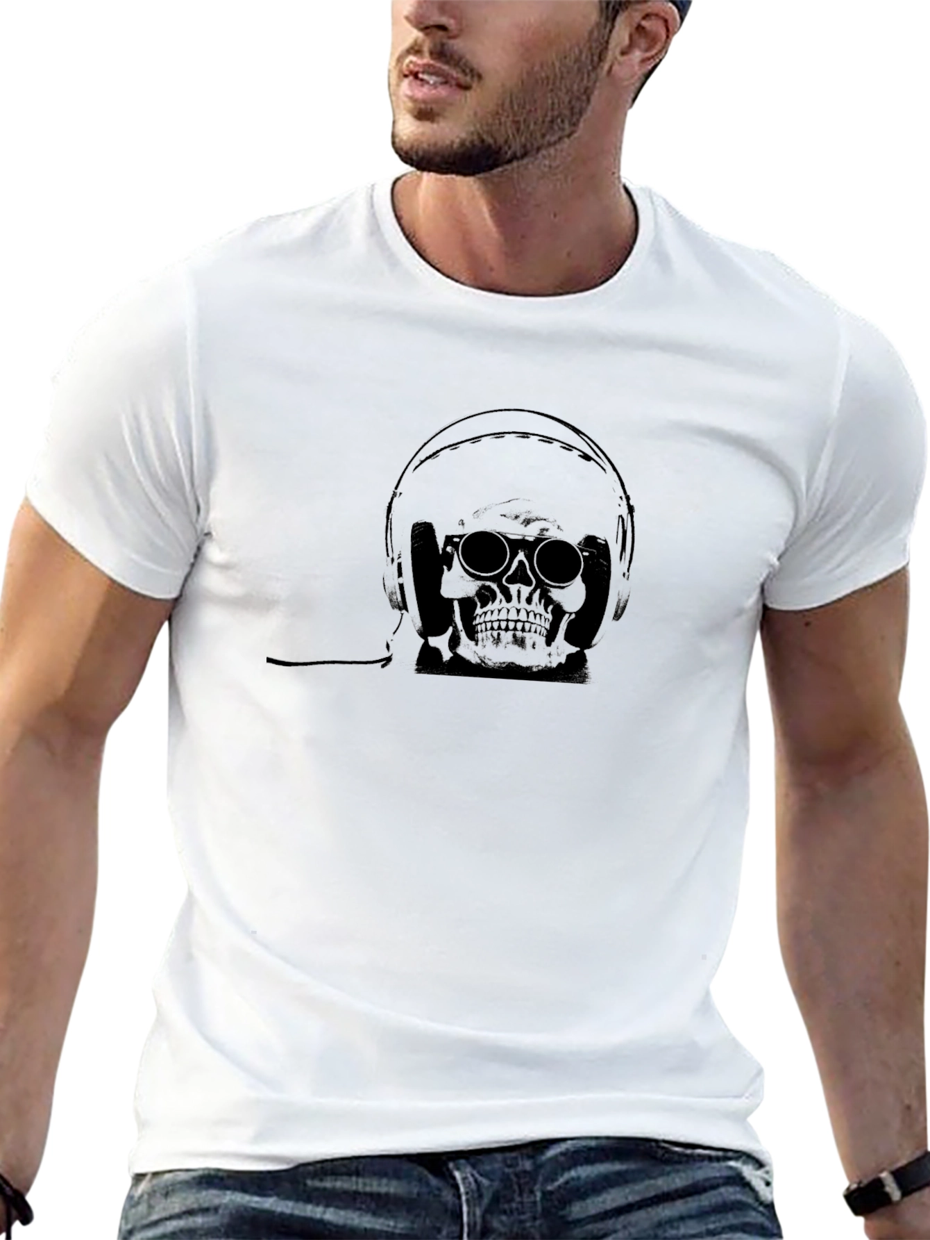 Skull Wearing Headphones Black T-Shirt