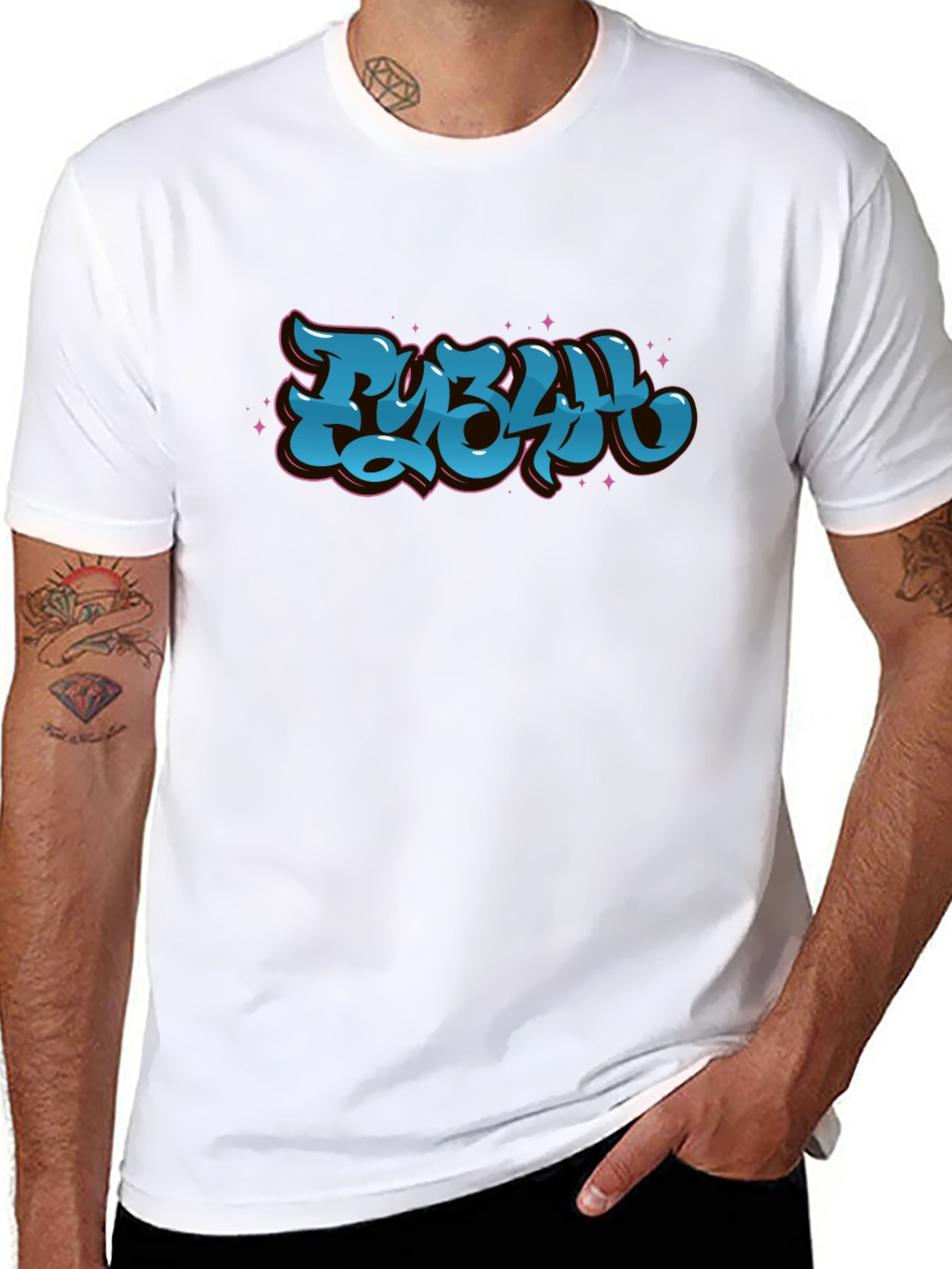 Stylish Black Graphic Tee - Bold Blue Lettering Design