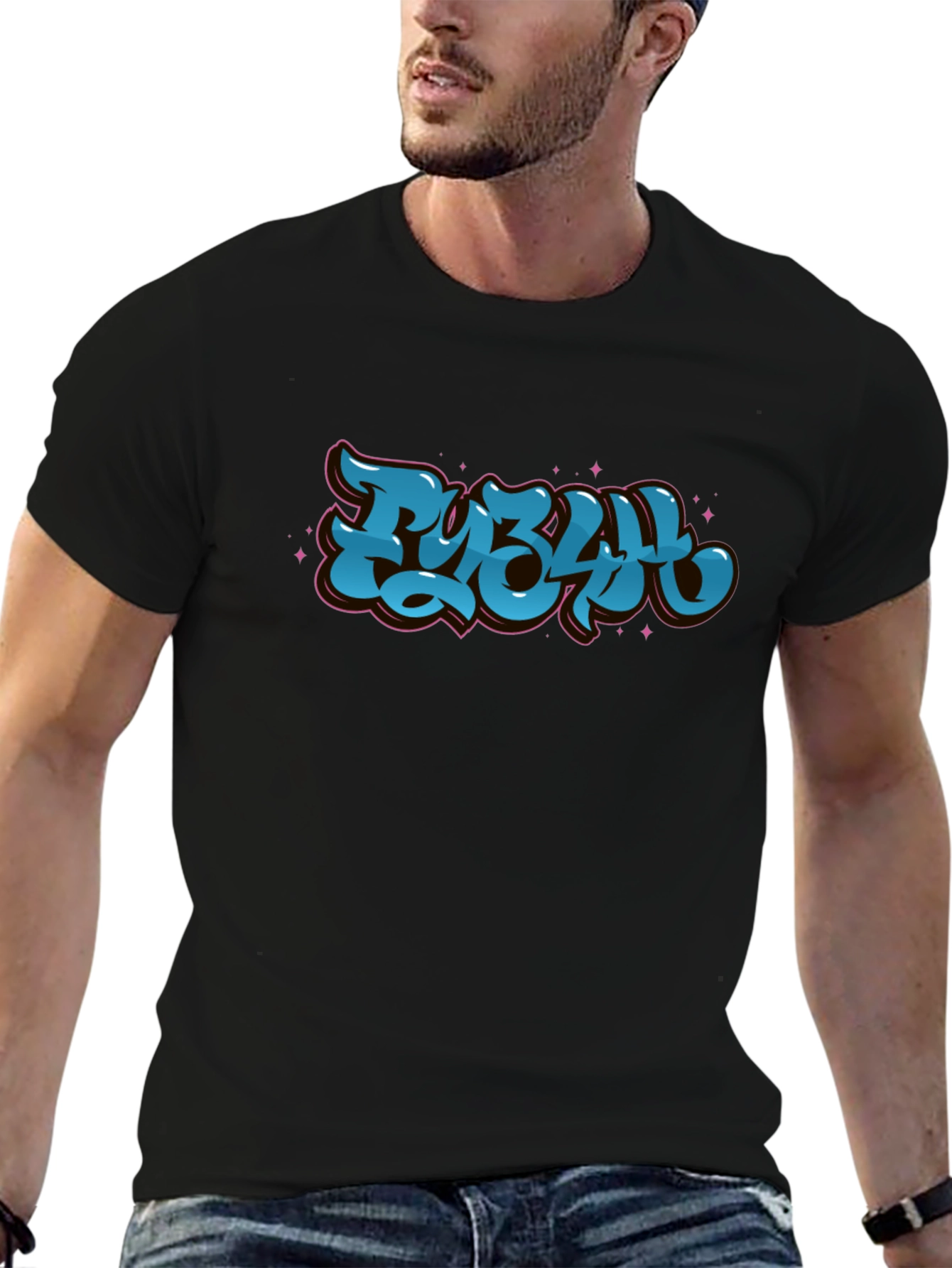 Stylish Black Graphic Tee - Bold Blue Lettering Design