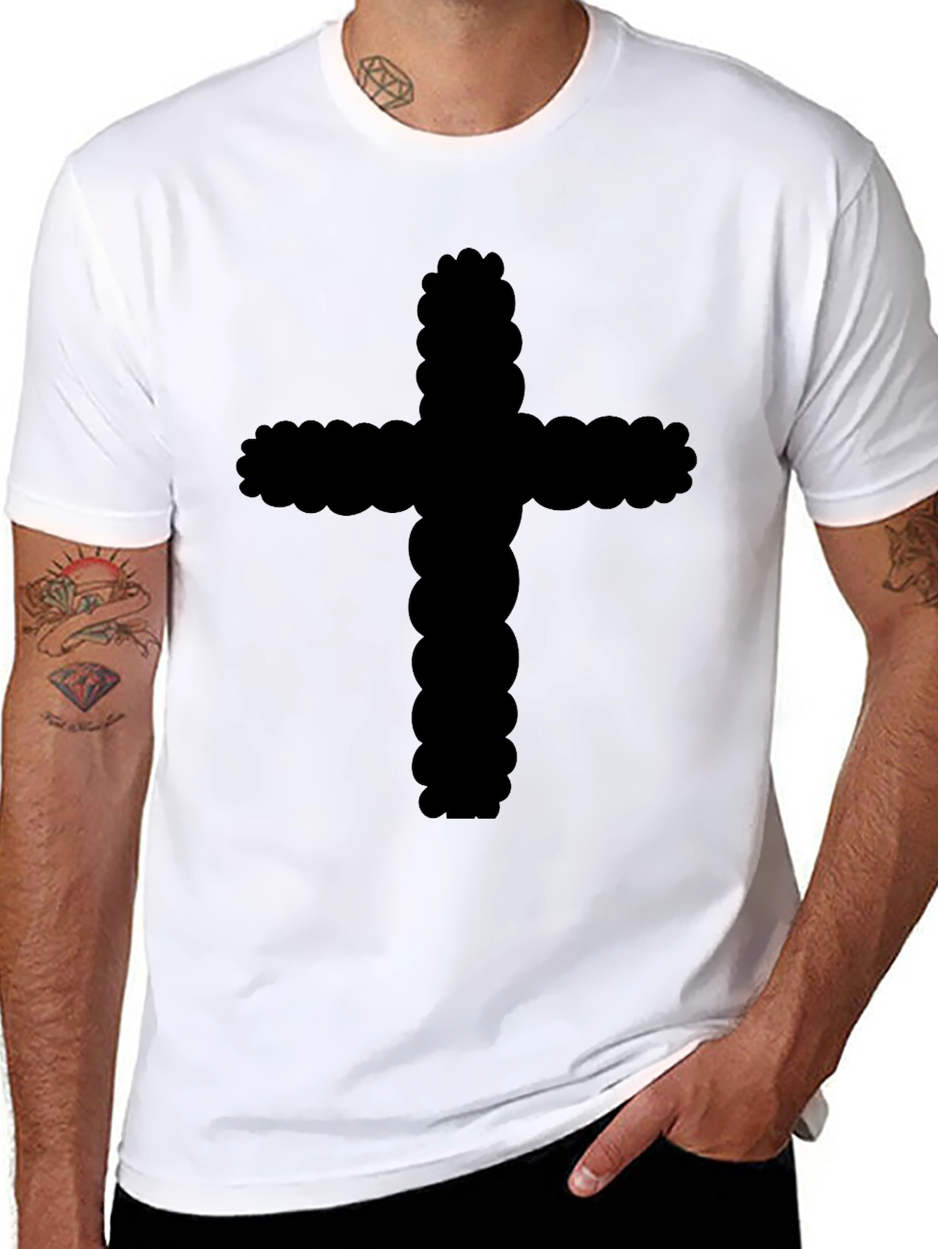 Black Cotton T-Shirt with Cross Design