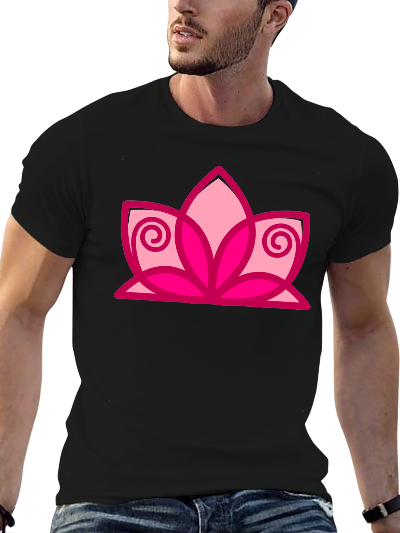 Black T-Shirt with Pink Lotus Flower Design