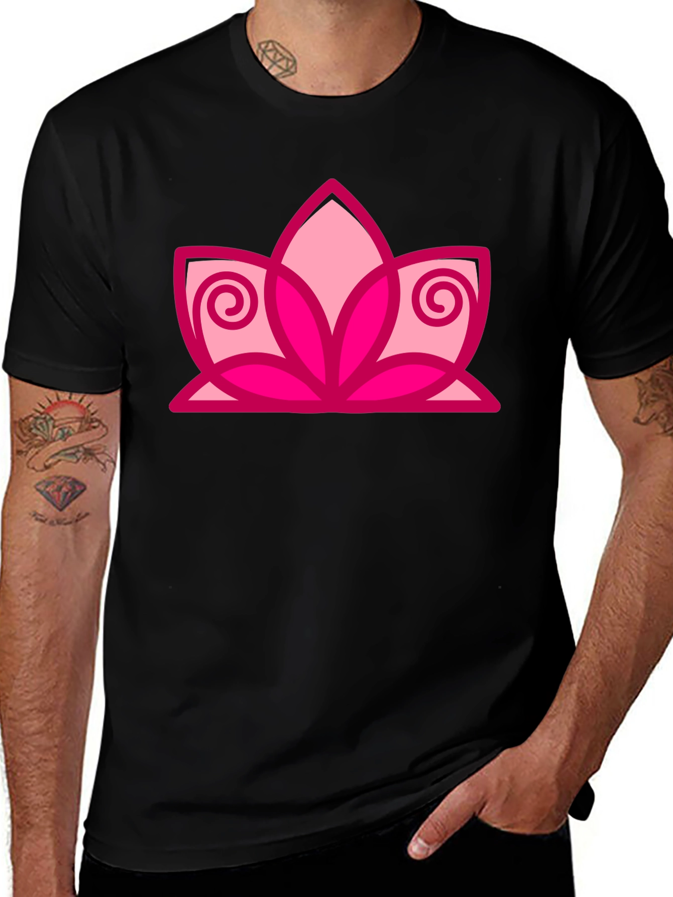 Black T-Shirt with Pink Lotus Flower Design