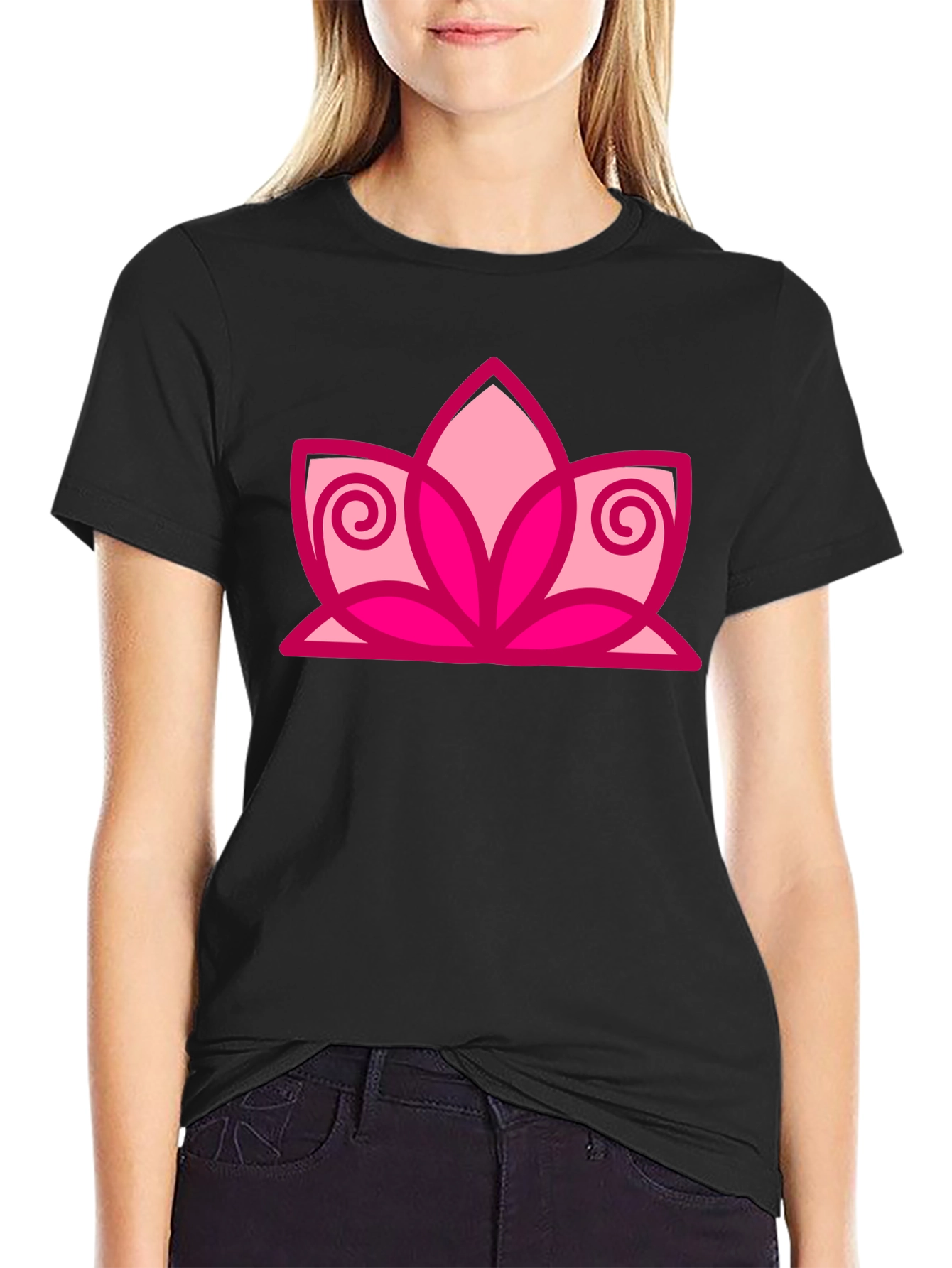 Black T-Shirt with Pink Lotus Flower Design