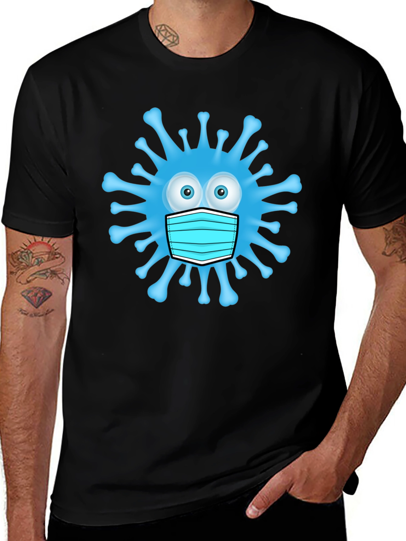 Cartoon Virus With Mask Mens Black T-Shirt