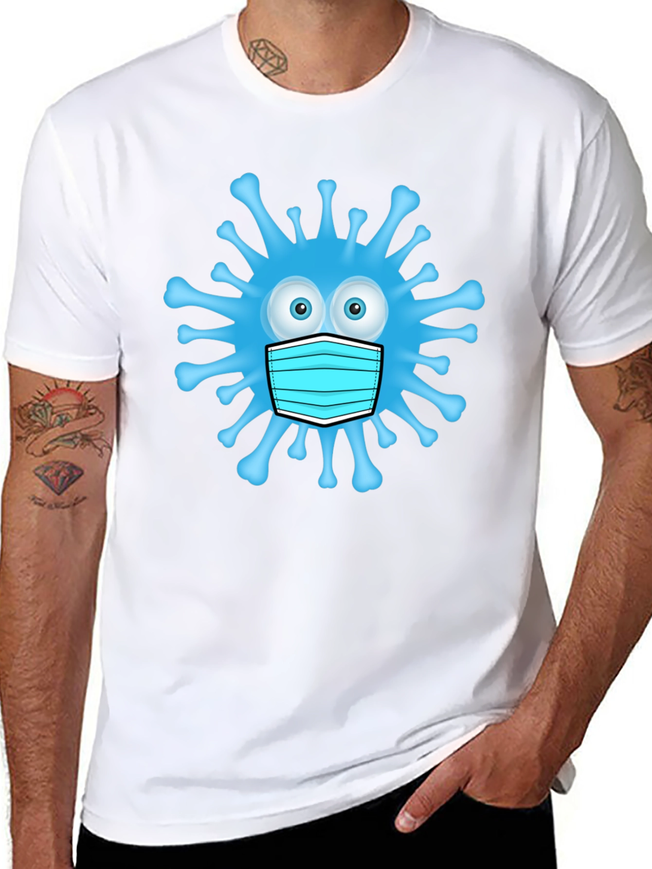 Cartoon Virus With Mask Mens Black T-Shirt