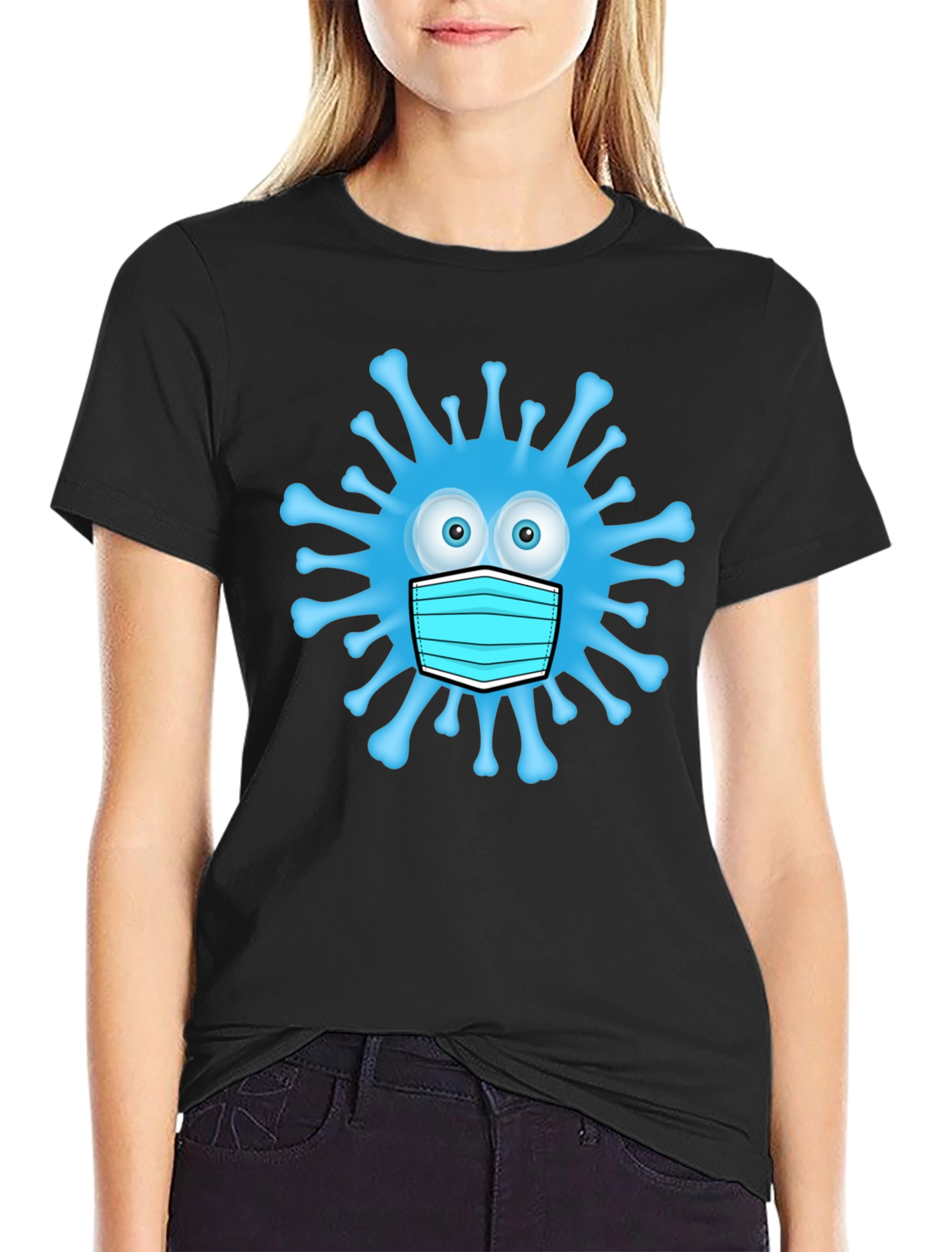 Cartoon Virus With Mask Mens Black T-Shirt