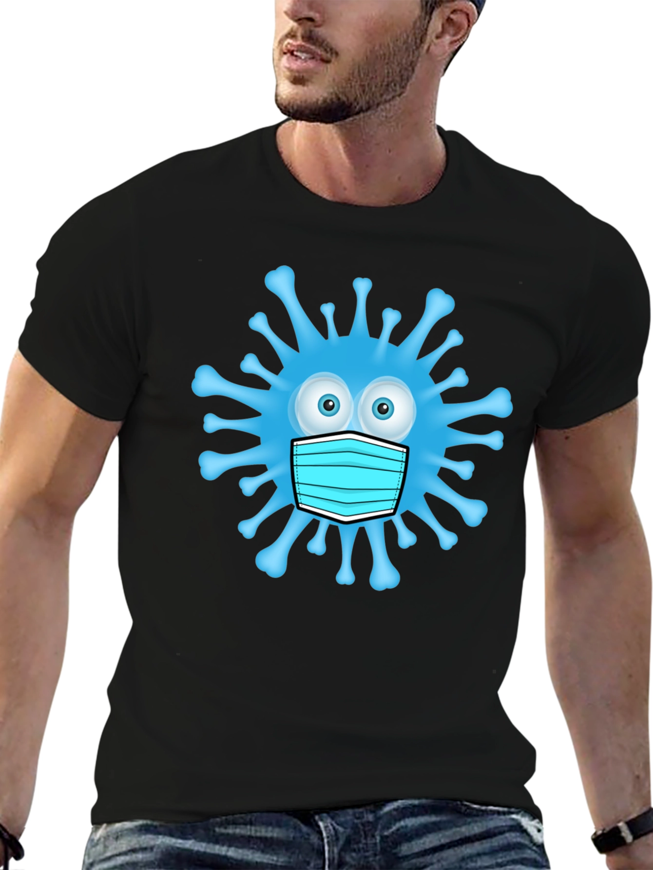 Cartoon Virus With Mask Mens Black T-Shirt