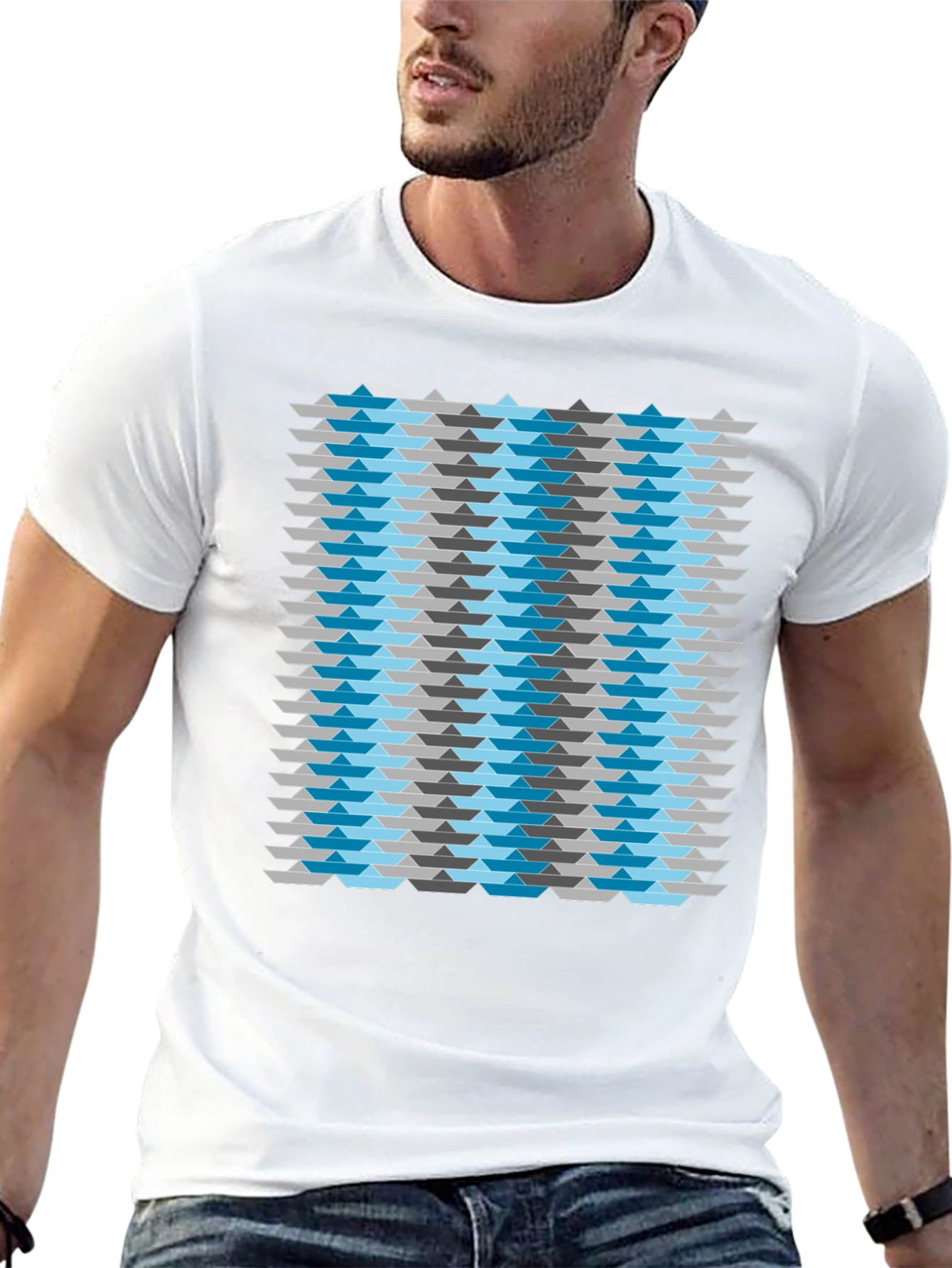 Abstract Geometric Boat Pattern Mens Black T-Shirt
