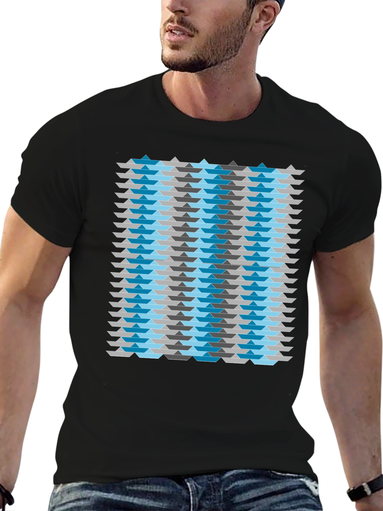 Abstract Geometric Boat Pattern Mens Black T-Shirt