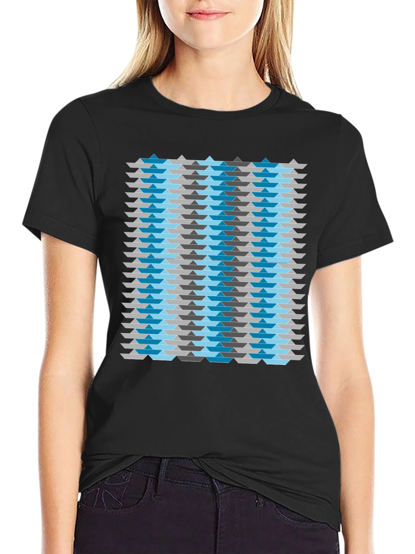 Abstract Geometric Boat Pattern Mens Black T-Shirt