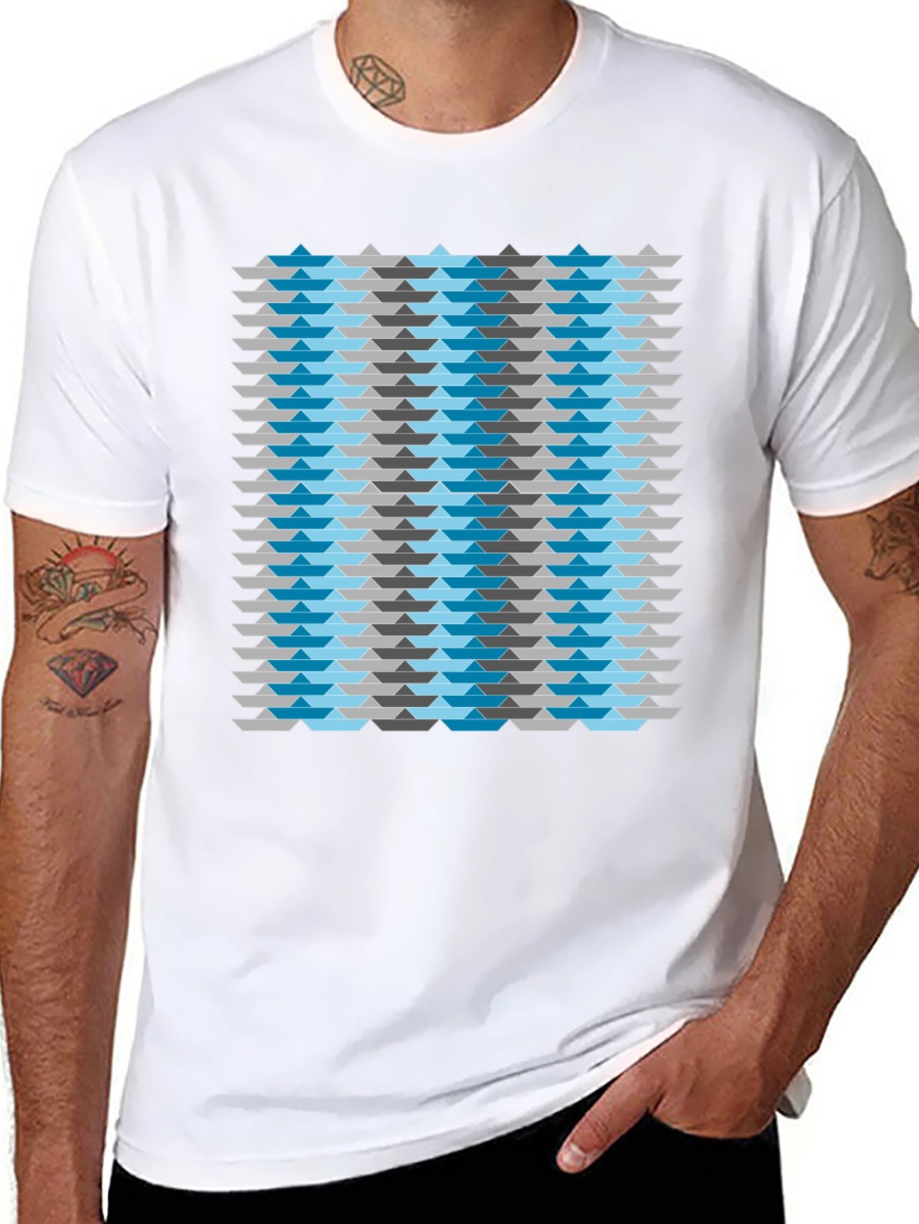 Abstract Geometric Boat Pattern Mens Black T-Shirt