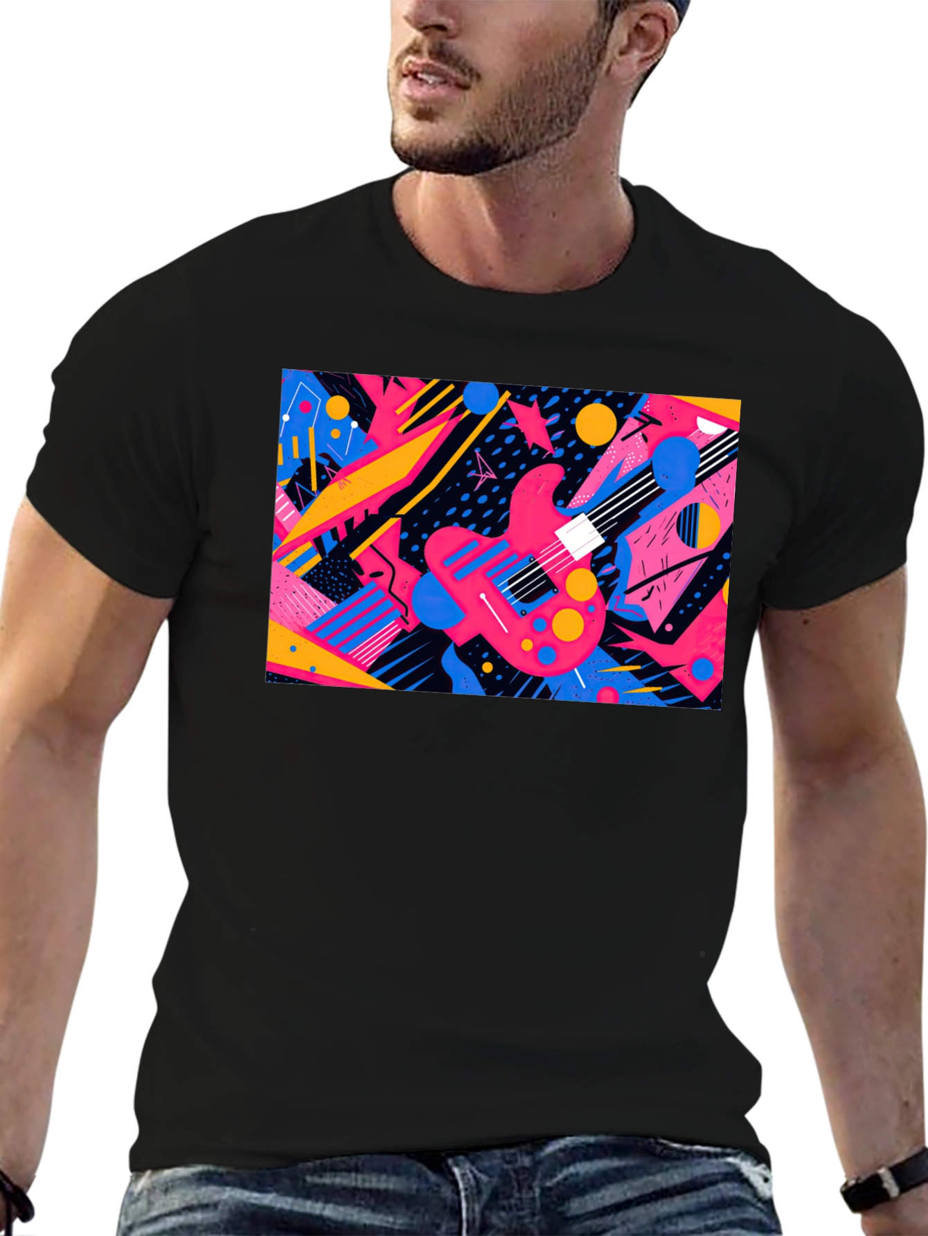Retro Guitar Graphic T-Shirt - Black Cotton Blend