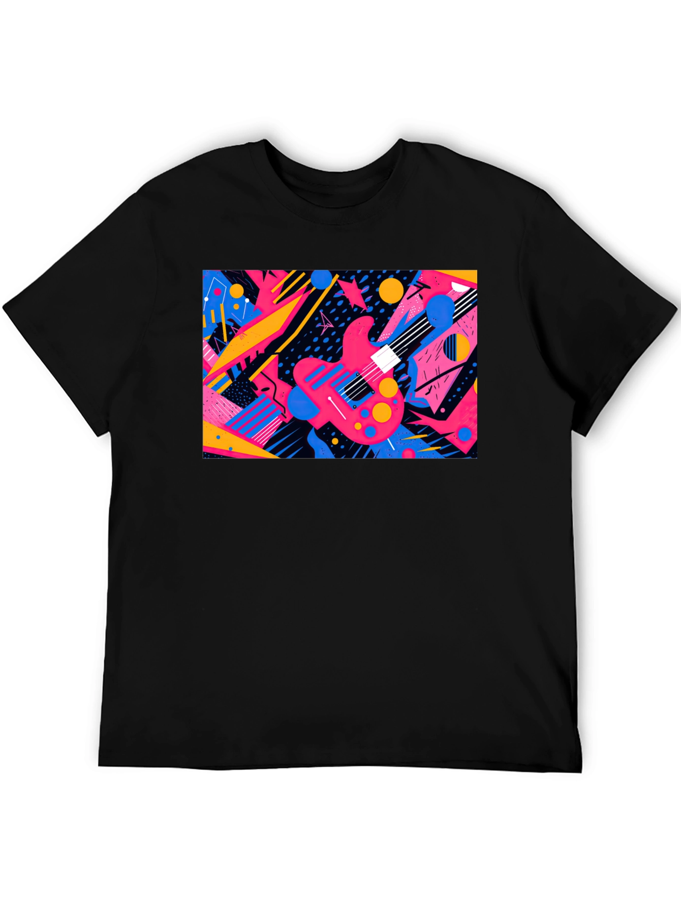Retro Guitar Graphic T-Shirt - Black Cotton Blend