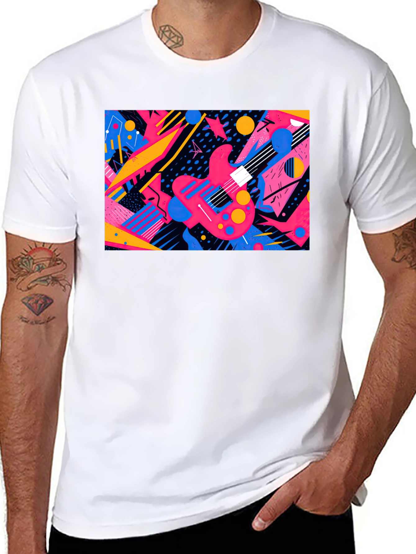 Retro Guitar Graphic T-Shirt - Black Cotton Blend