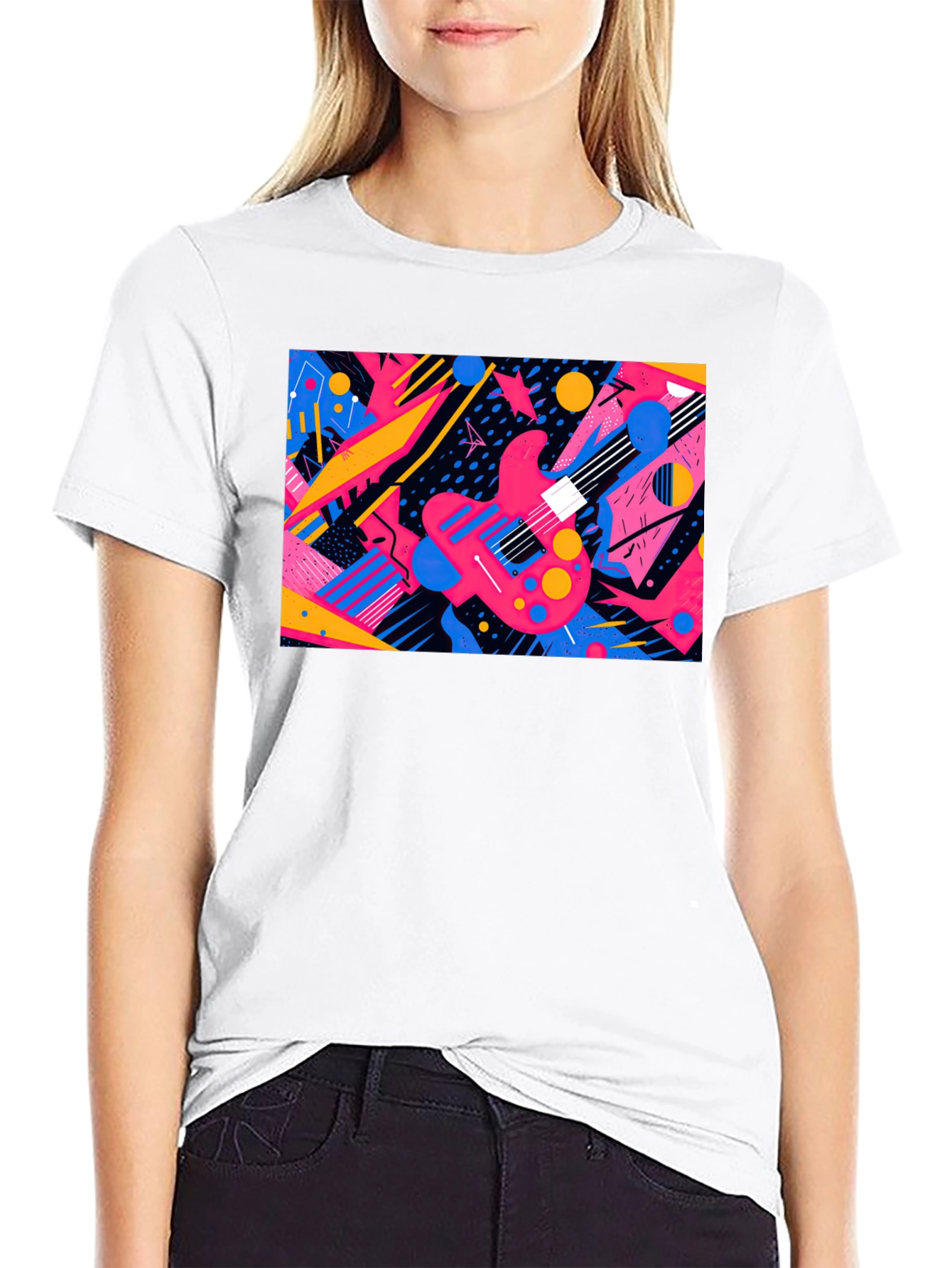 Retro Guitar Graphic T-Shirt - Black Cotton Blend