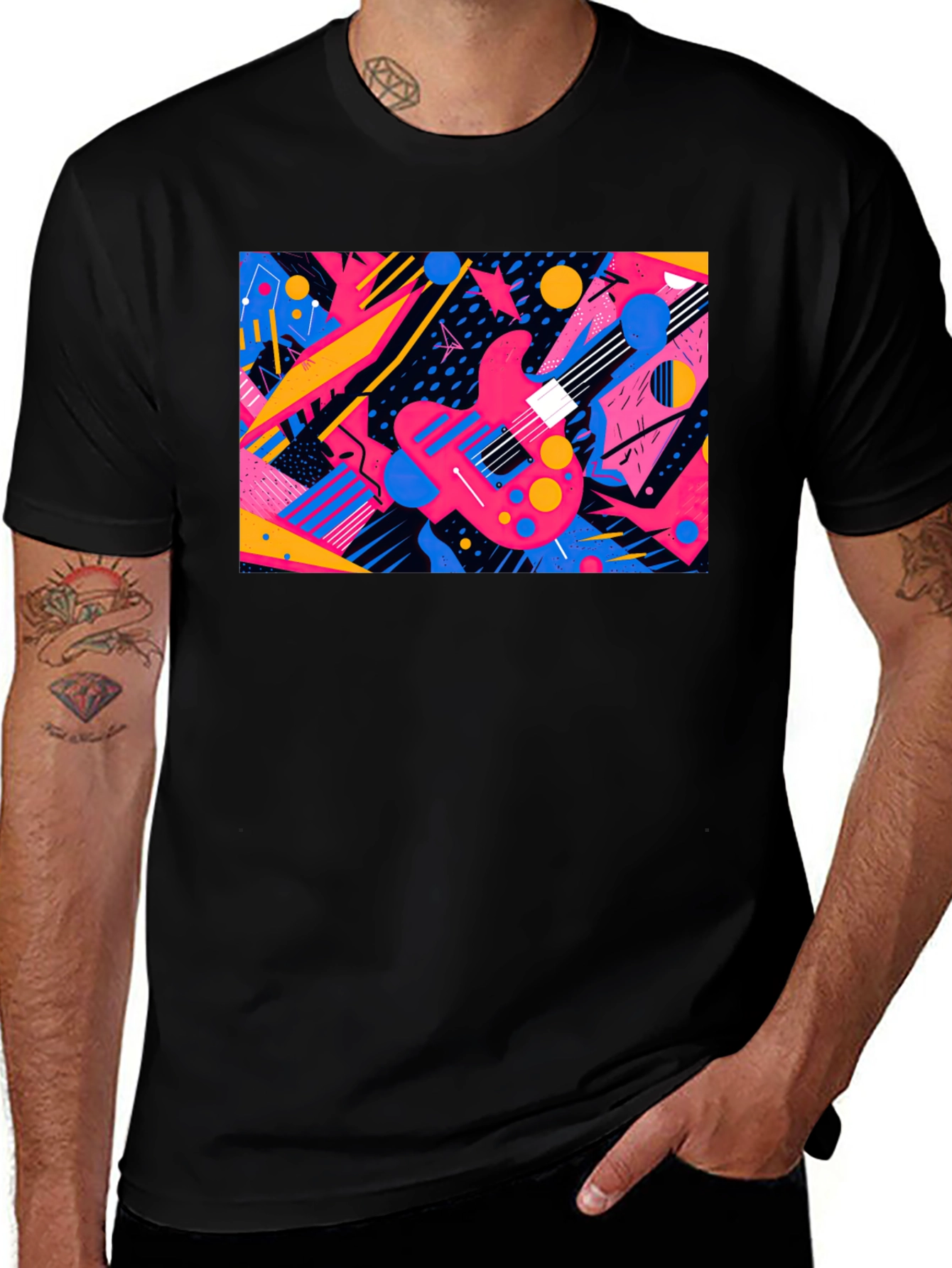 Retro Guitar Graphic T-Shirt - Black Cotton Blend