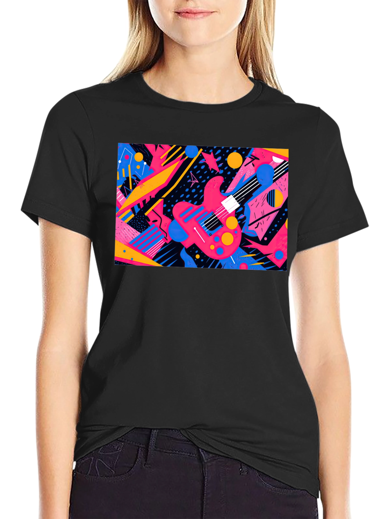 Retro Guitar Graphic T-Shirt - Black Cotton Blend