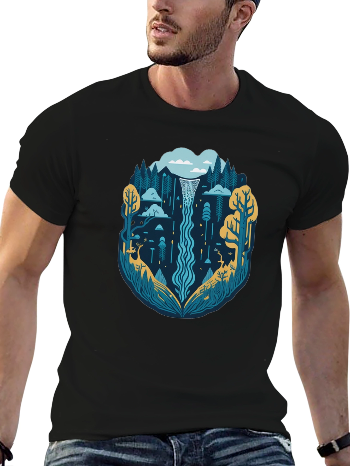 Nature Waterfall Graphic Tee - Stylish Black T-Shirt