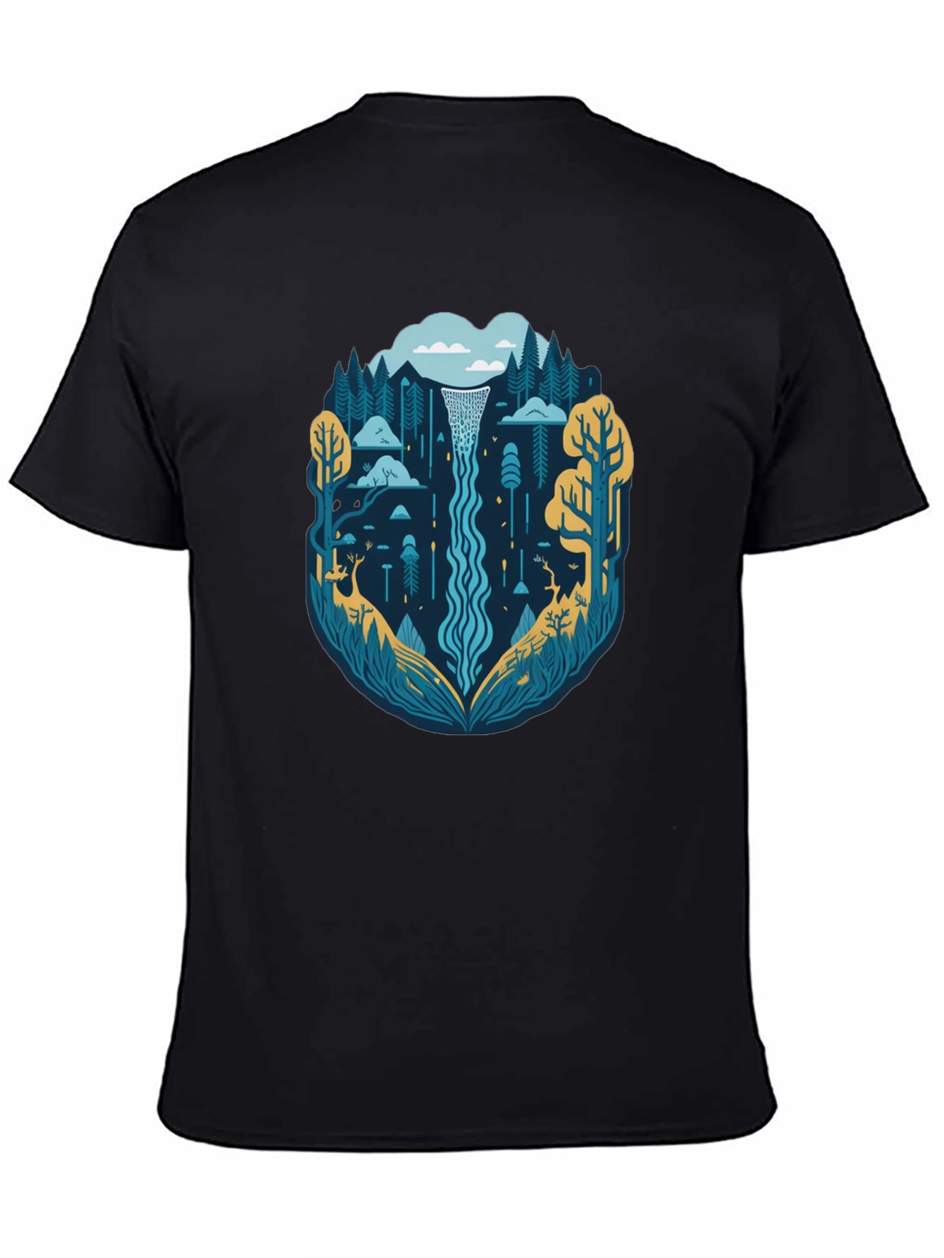 Nature Waterfall Graphic Tee - Stylish Black T-Shirt