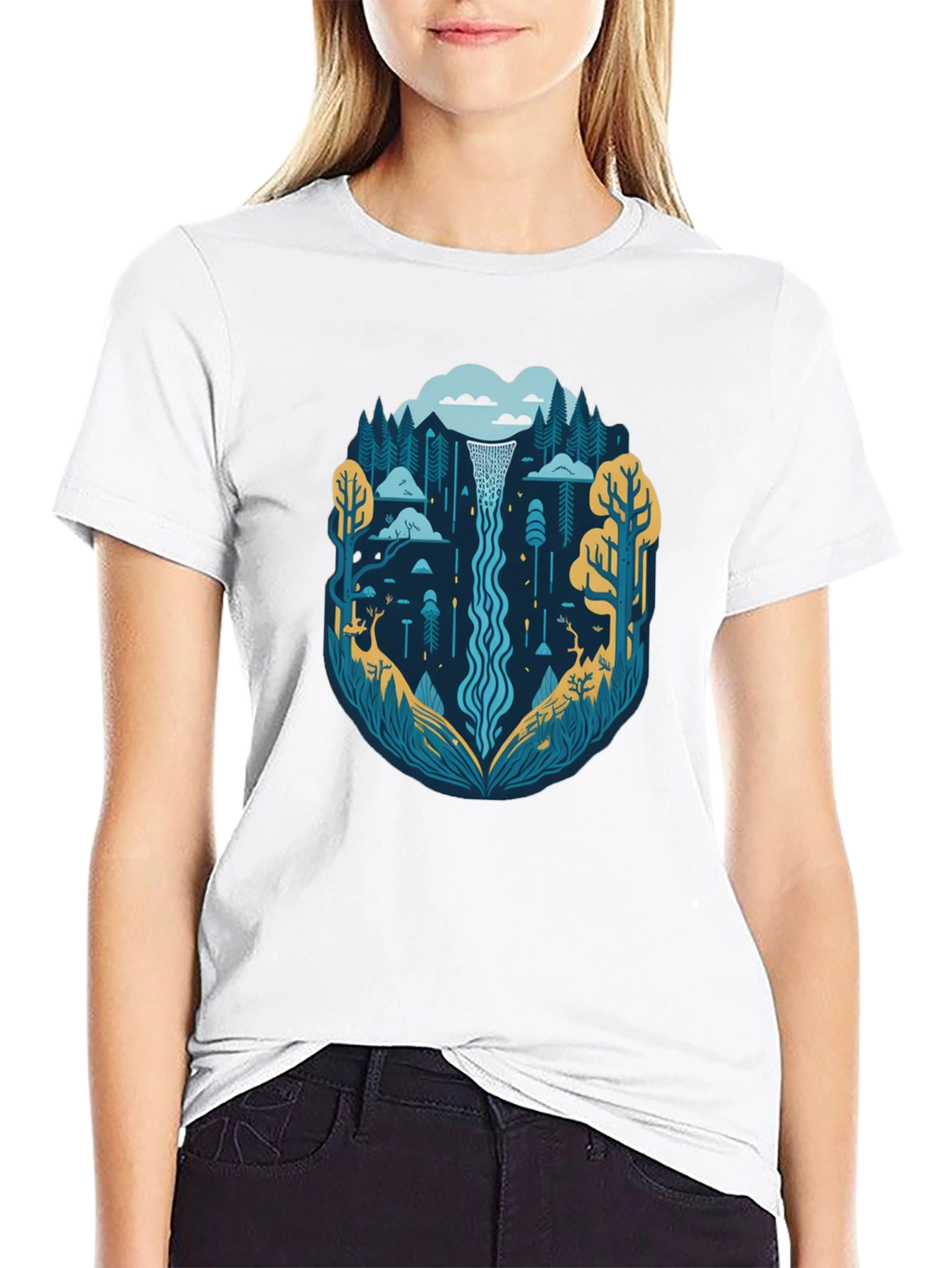 Nature Waterfall Graphic Tee - Stylish Black T-Shirt