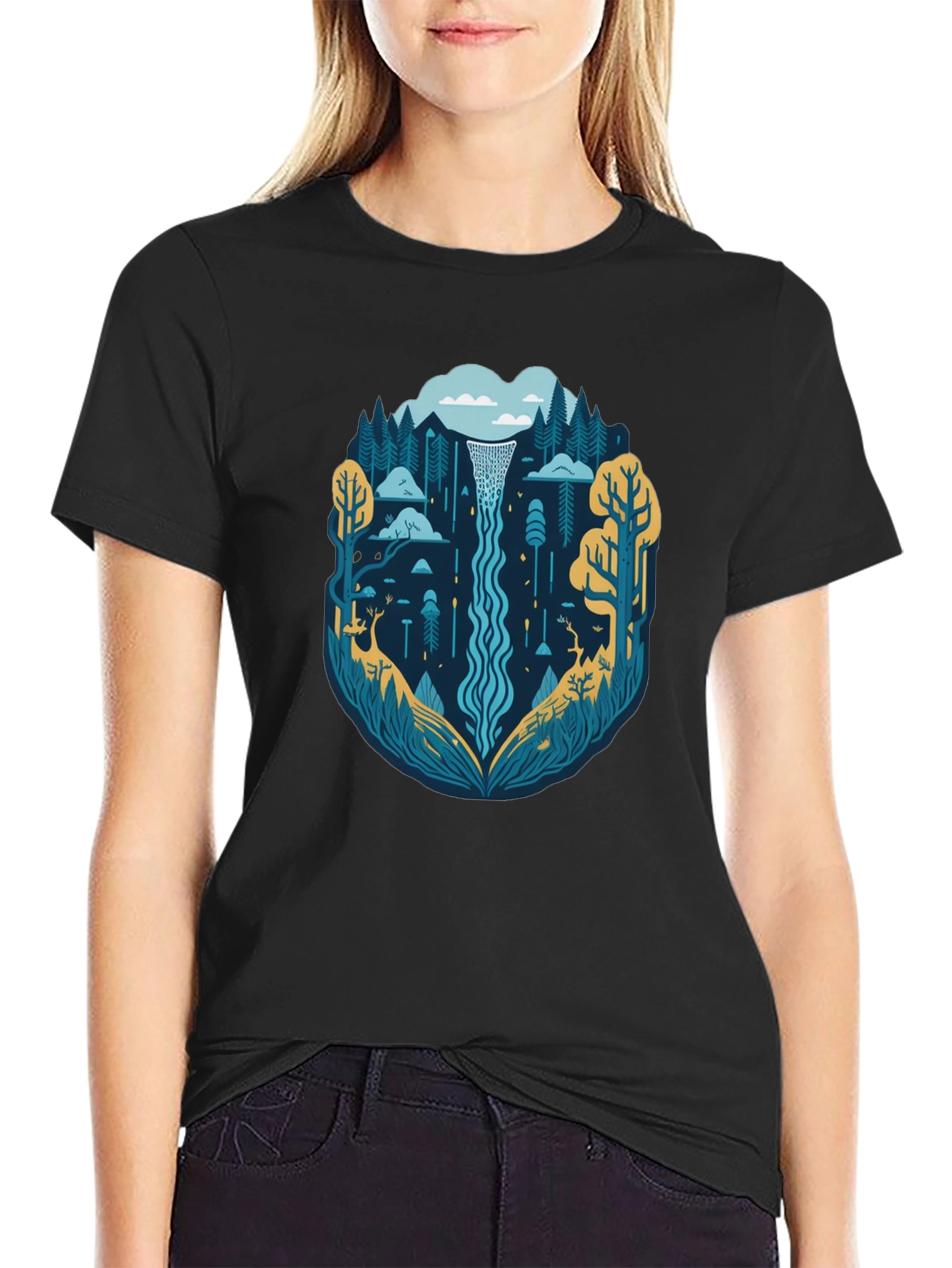 Nature Waterfall Graphic Tee - Stylish Black T-Shirt