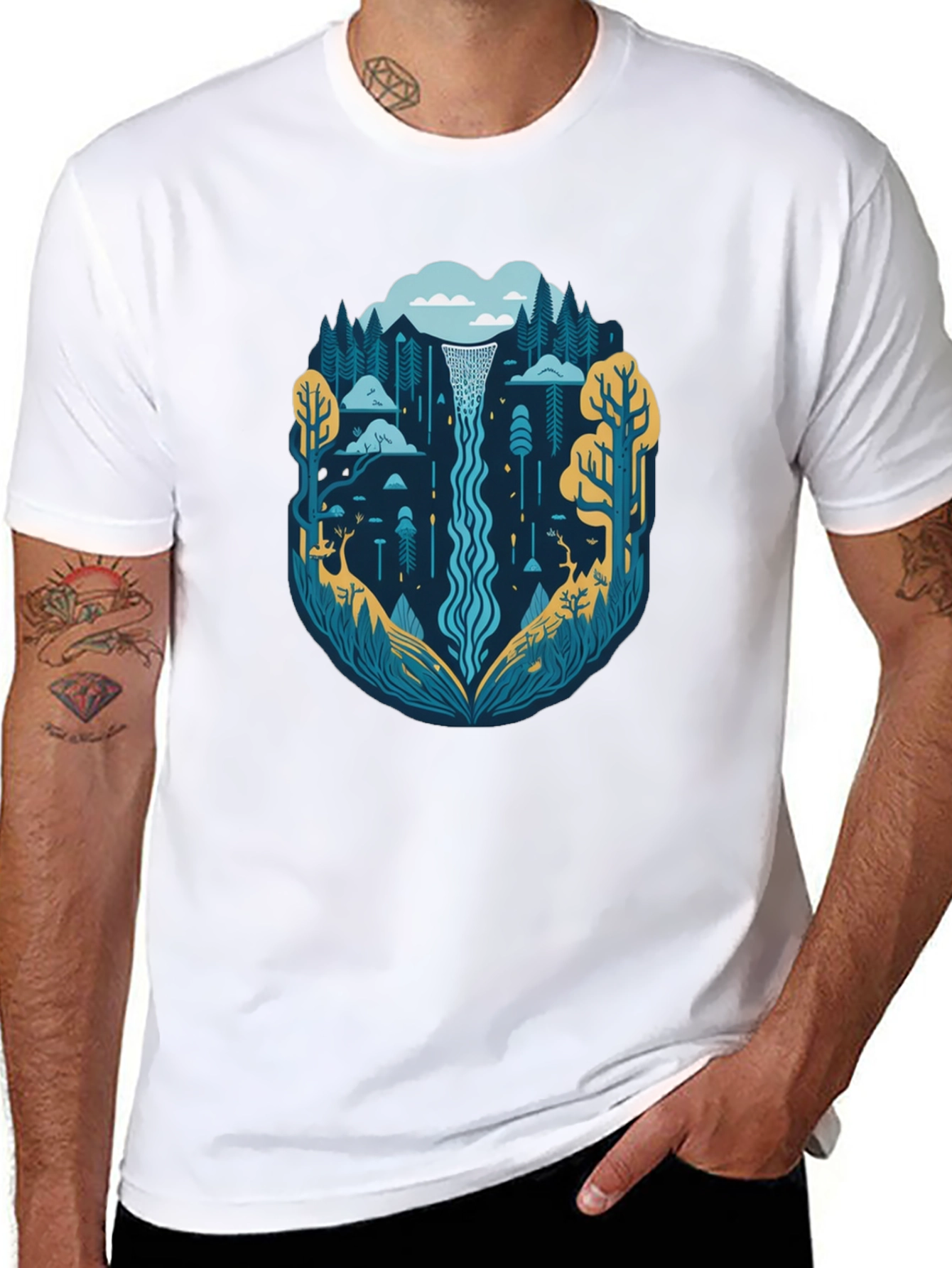 Nature Waterfall Graphic Tee - Stylish Black T-Shirt