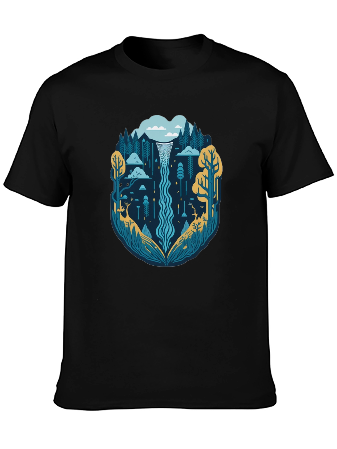 Nature Waterfall Graphic Tee - Stylish Black T-Shirt