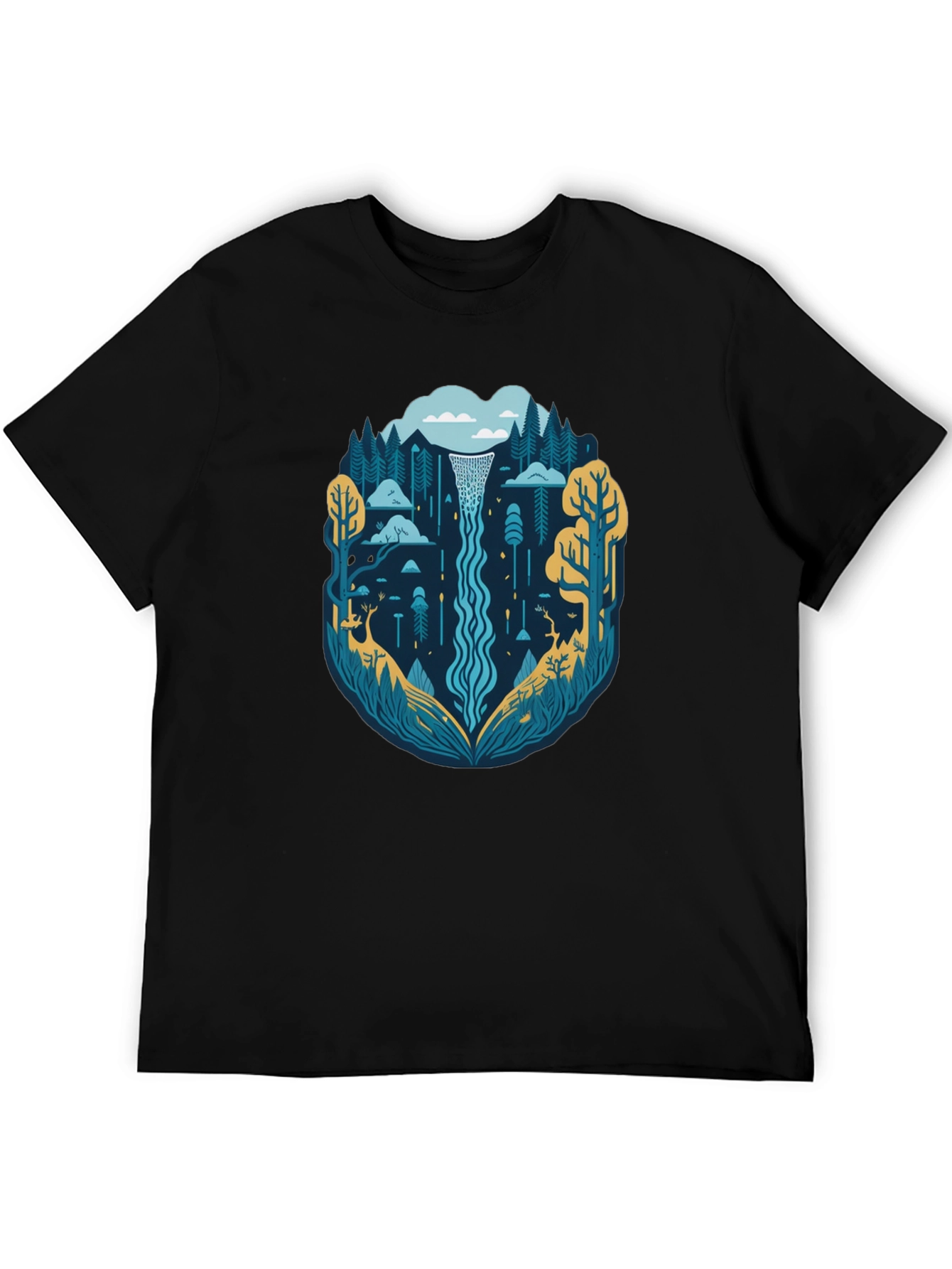 Nature Waterfall Graphic Tee - Stylish Black T-Shirt