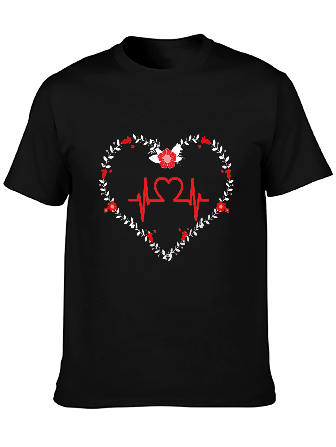 Heartbeat Floral Heart Graphic Tee - Black
