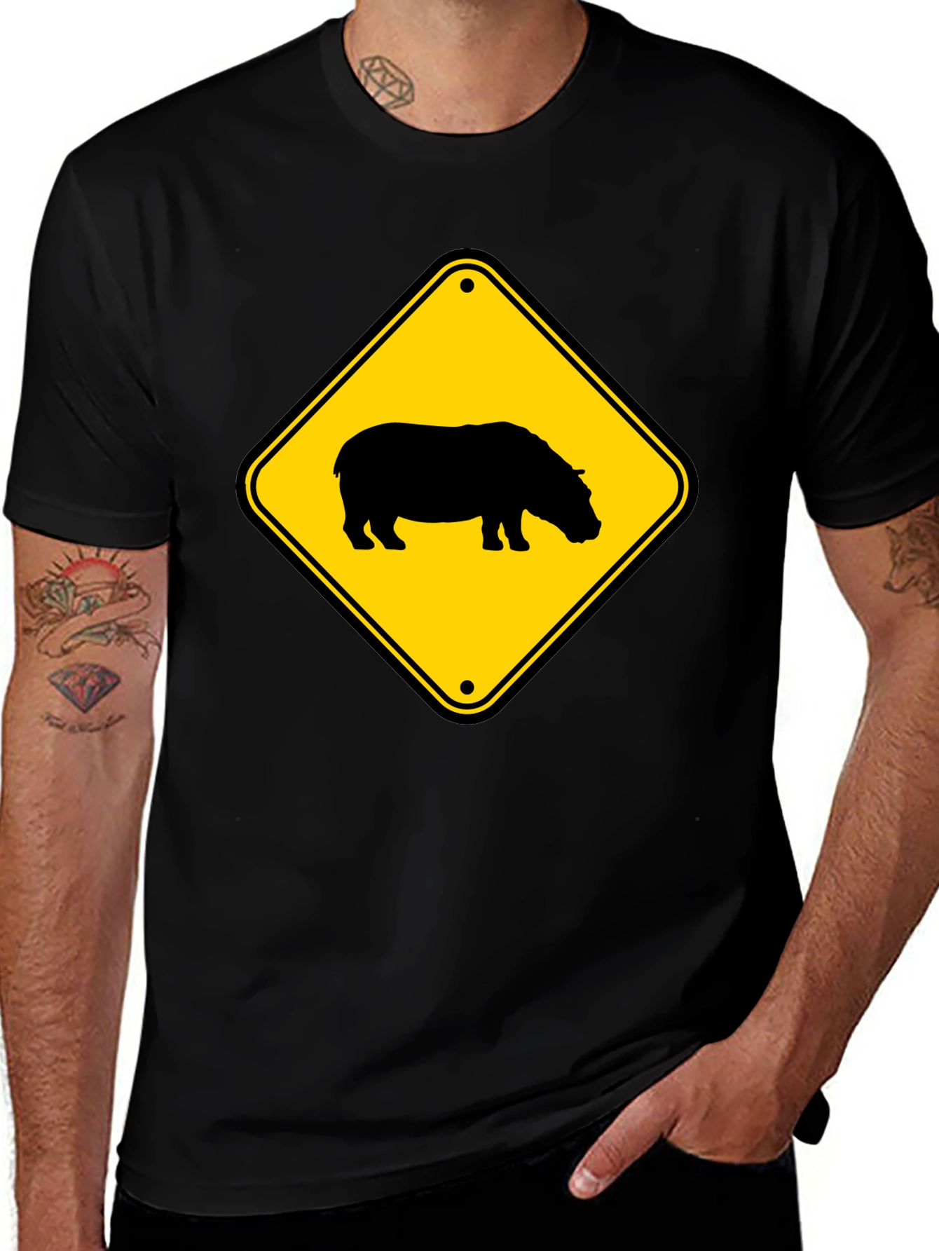 Hippo Crossing Sign Black T-Shirt