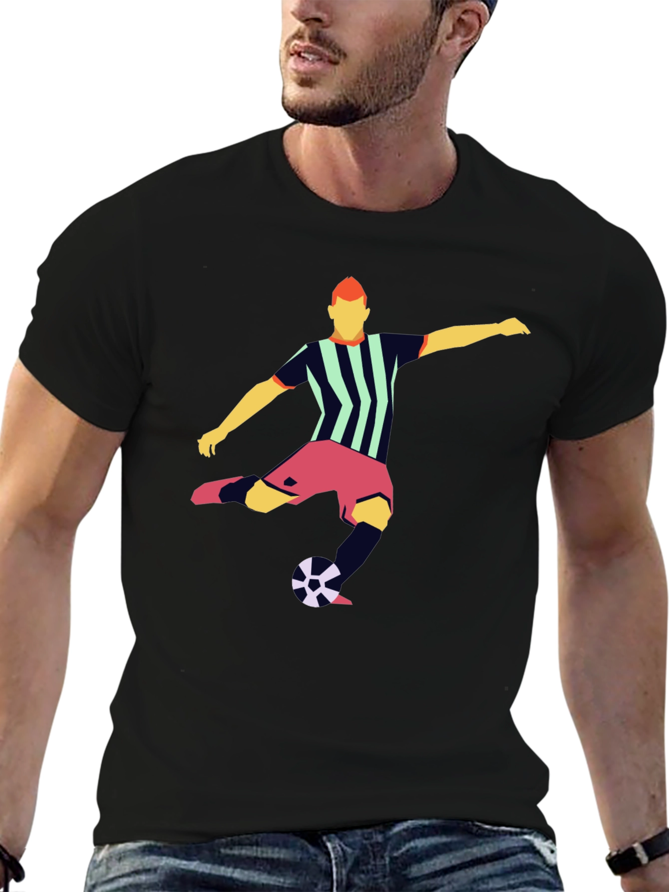 Striking Soccer Graphic Tee - Black Cotton Blend