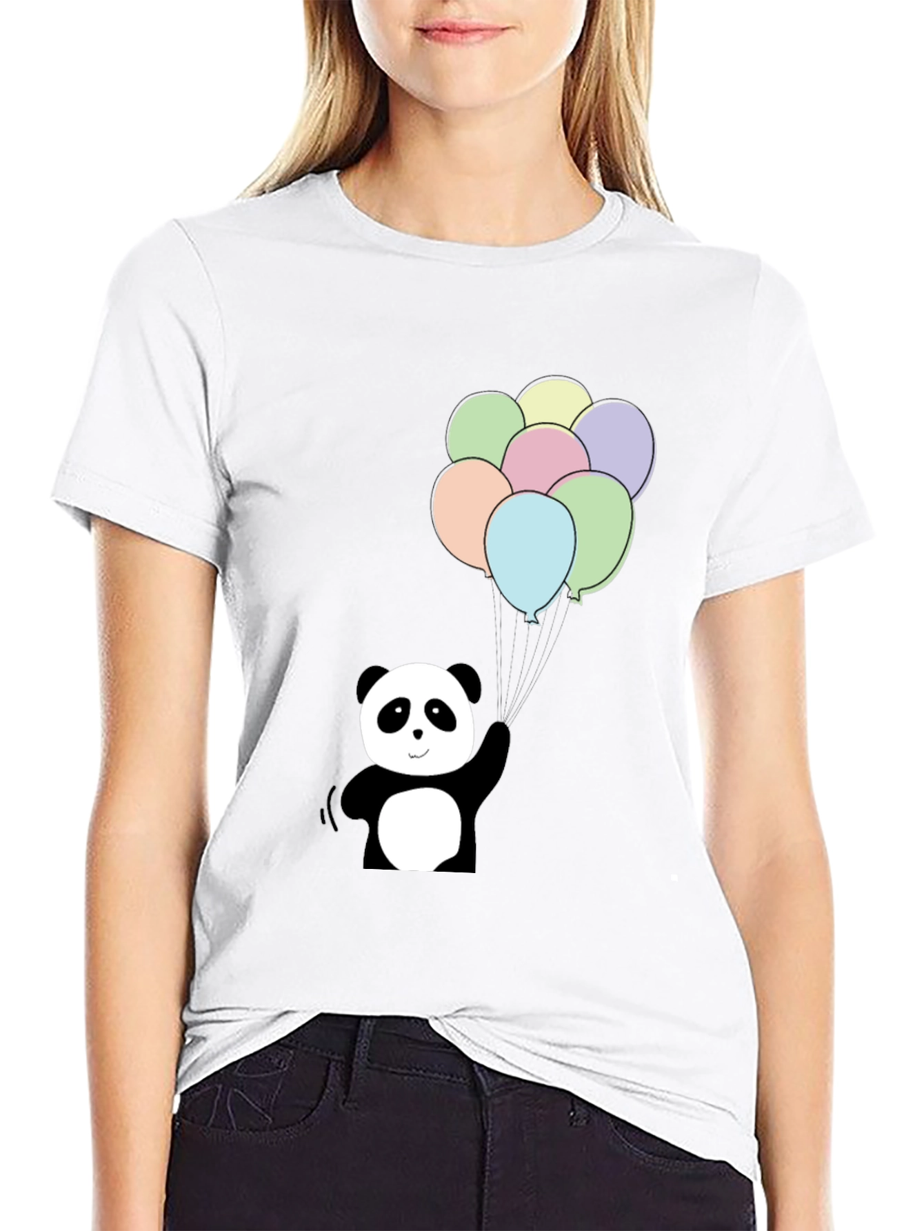 Panda Bear Balloons Graphic Tee - Black Cotton Blend